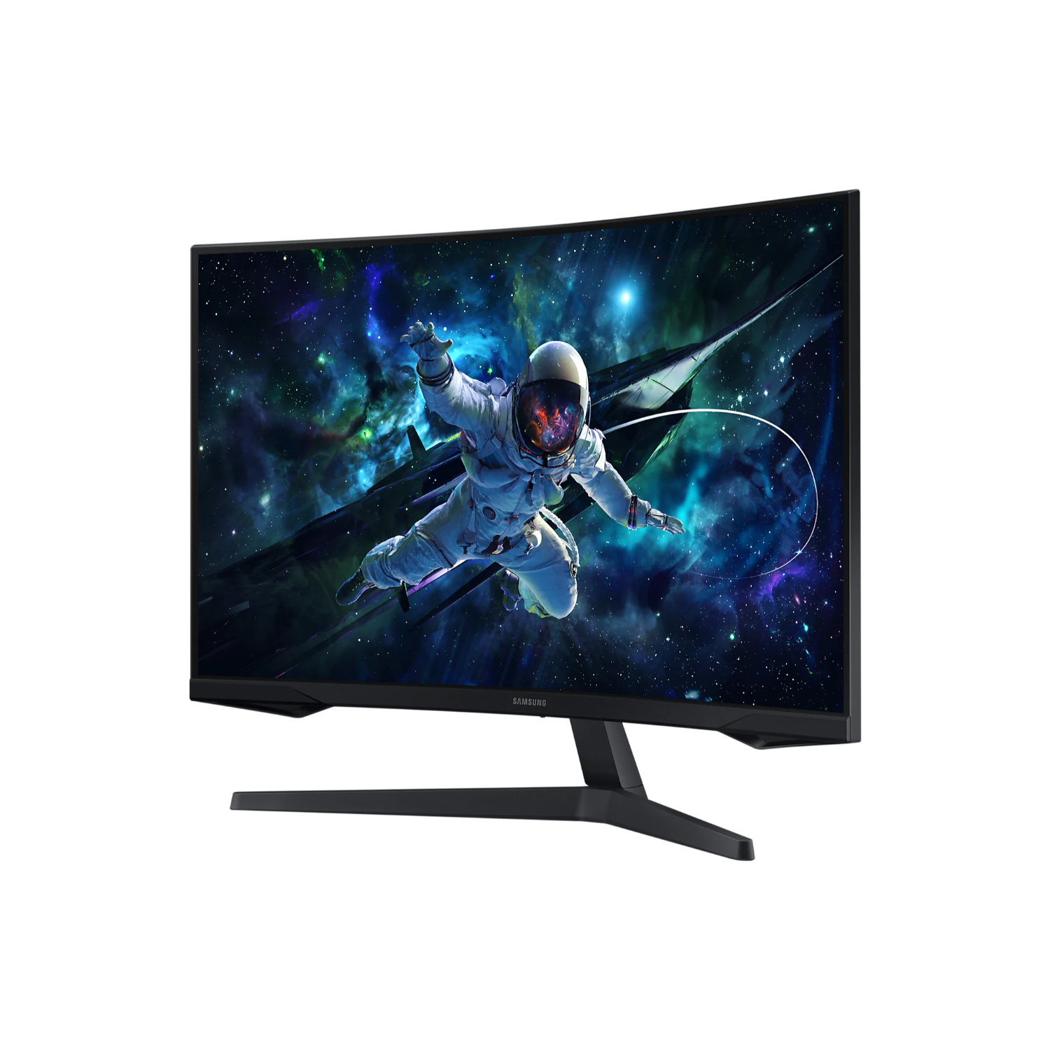 Curved monitor displays an astronaut in space, a jet is behind.