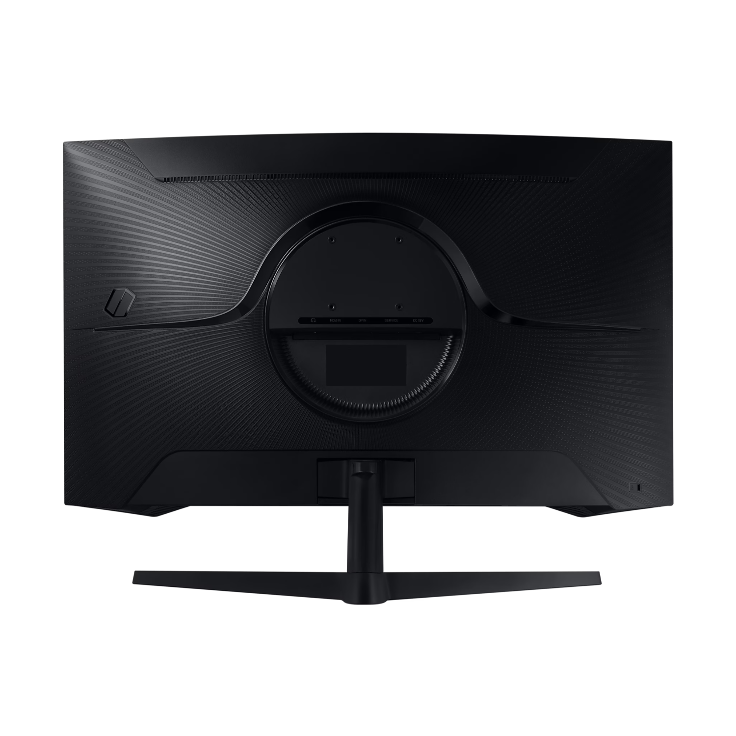 Back view of a black monitor with various ports and a stand.