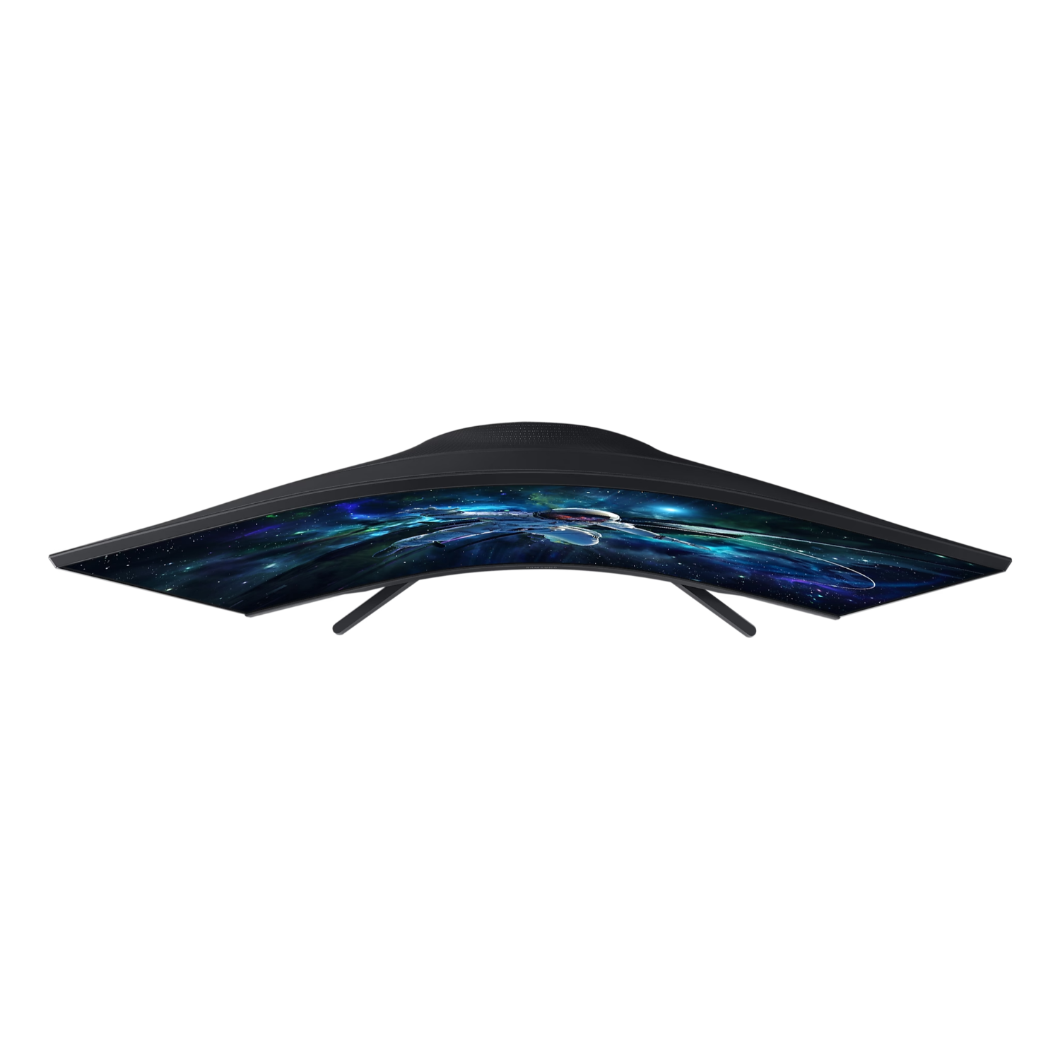 Curved monitor with a starry sky displayed on screen, black background.