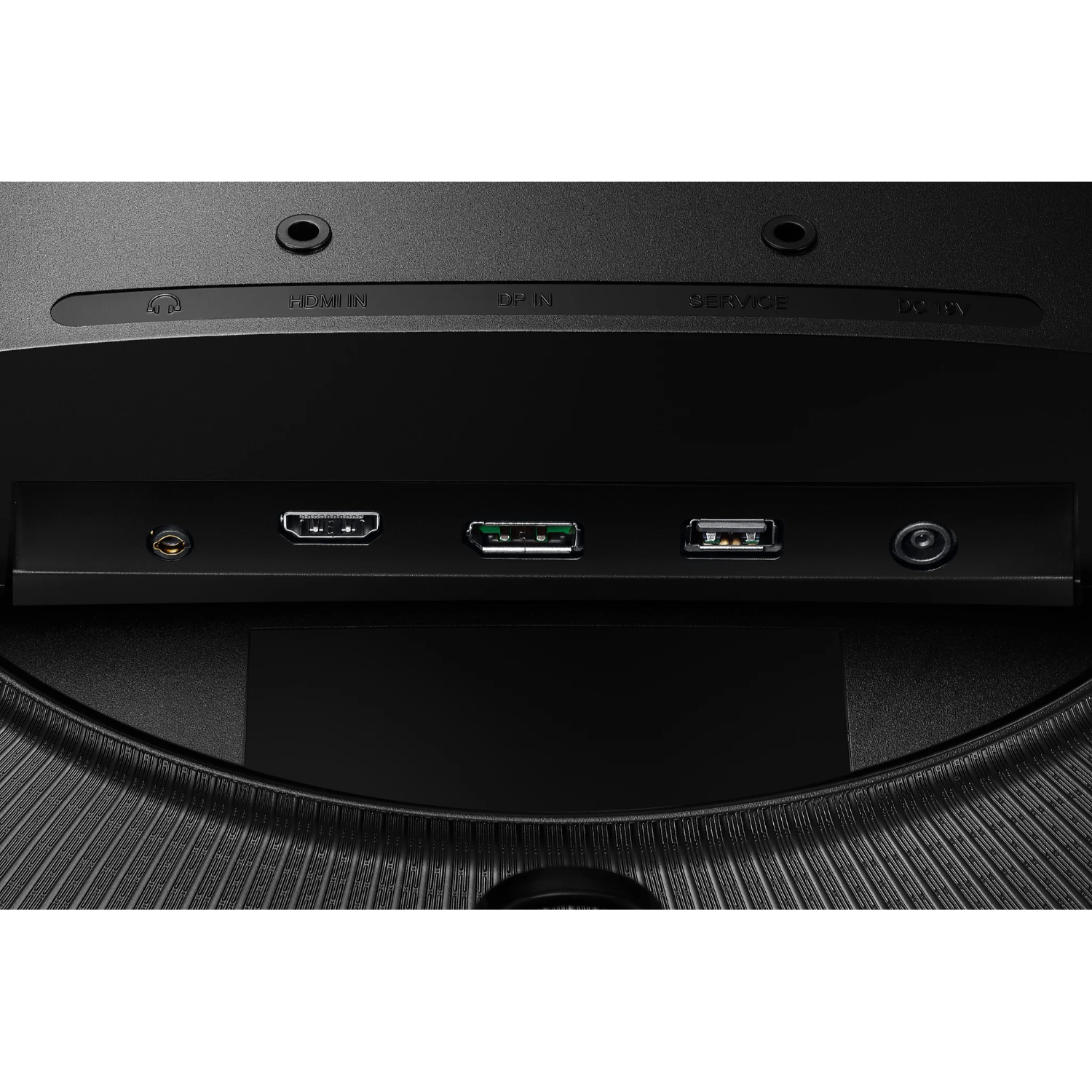 The back of a black monitor with several ports: HDMI, DP, service, and a power input.