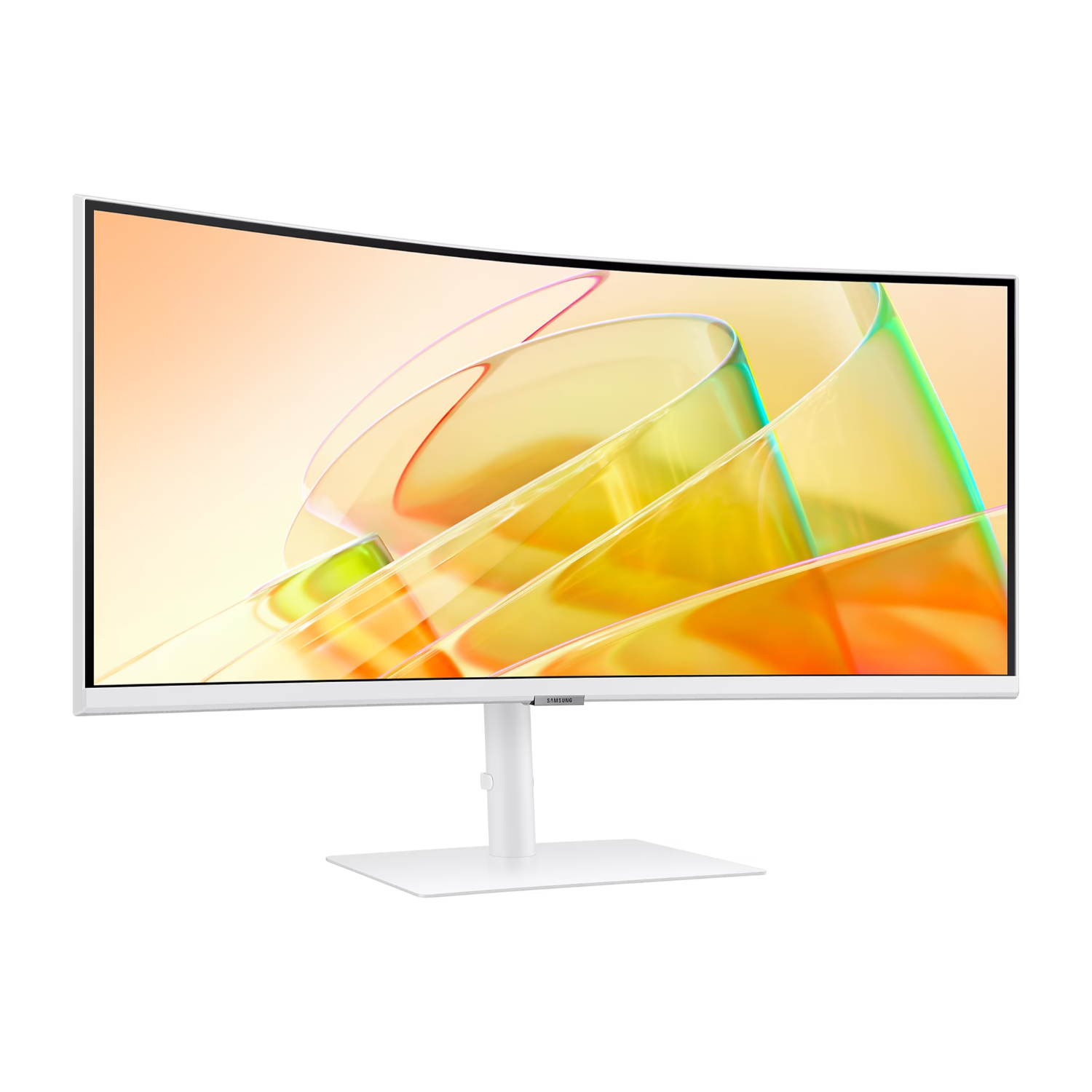 A white curved monitor with a white stand displays a colorful graphic.