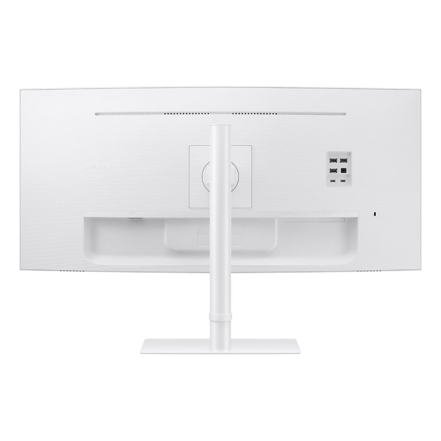 A white computer monitor's rear view, showing ports and a stand on a black background.