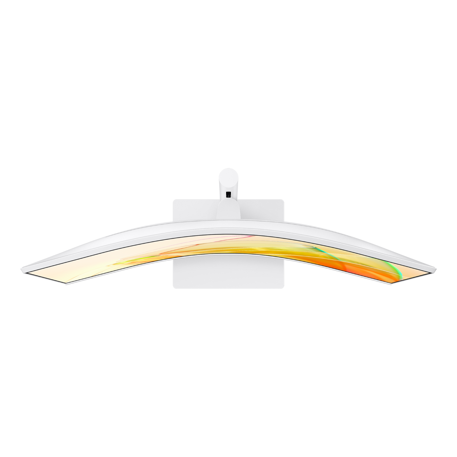 Curved white monitor from above, with colorful screen display.