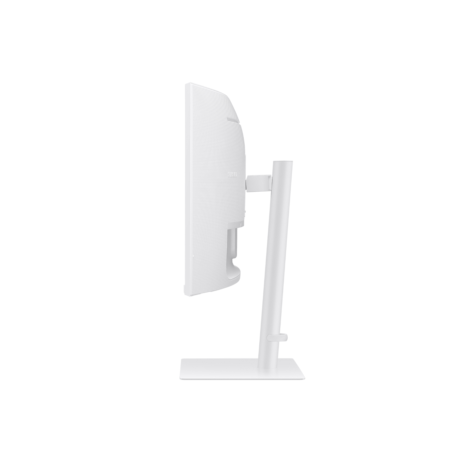 White computer monitor on a stand, side view, against a black background. The monitor is clean and modern.