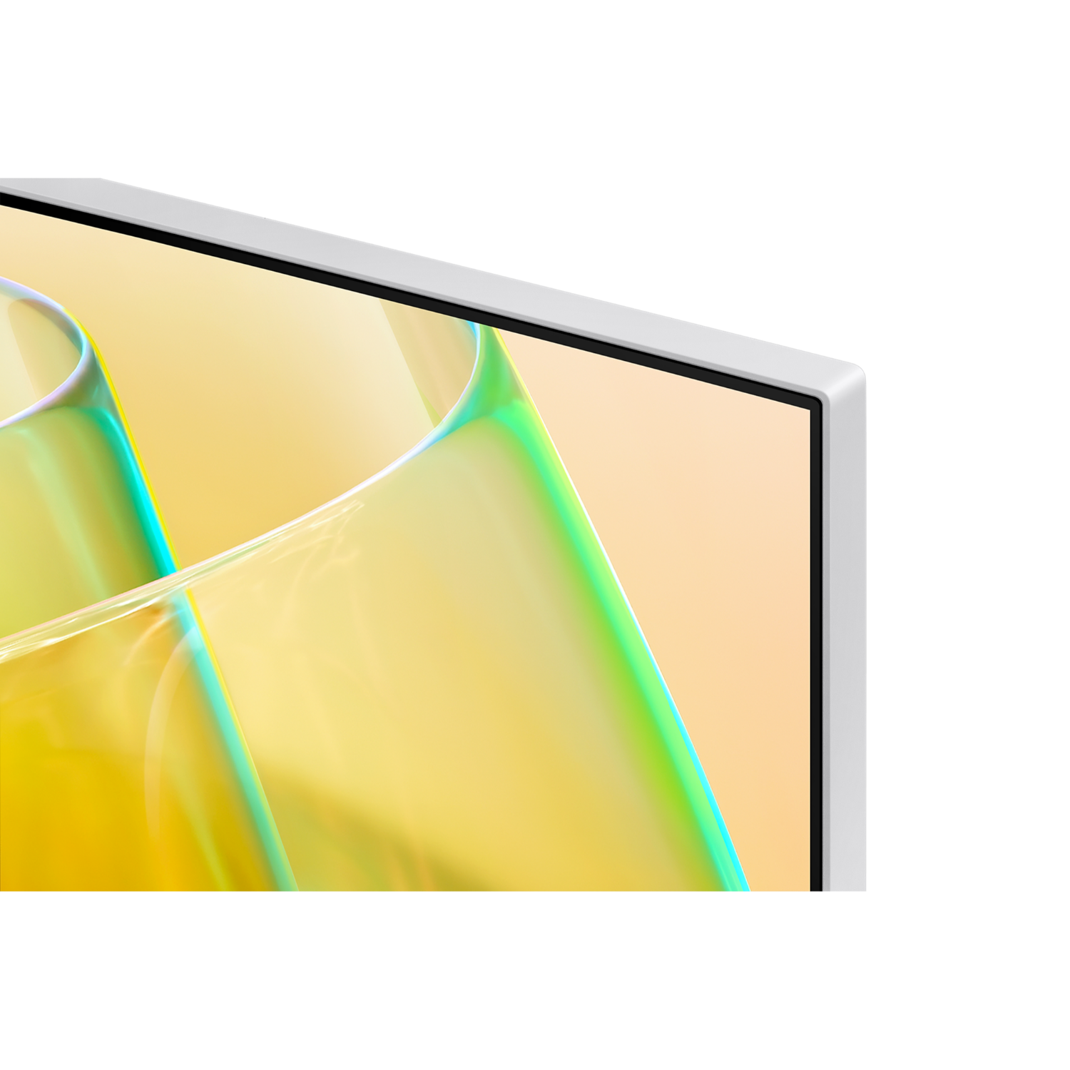 Close-up of a white TV frame with a yellow and green abstract pattern visible on the screen.