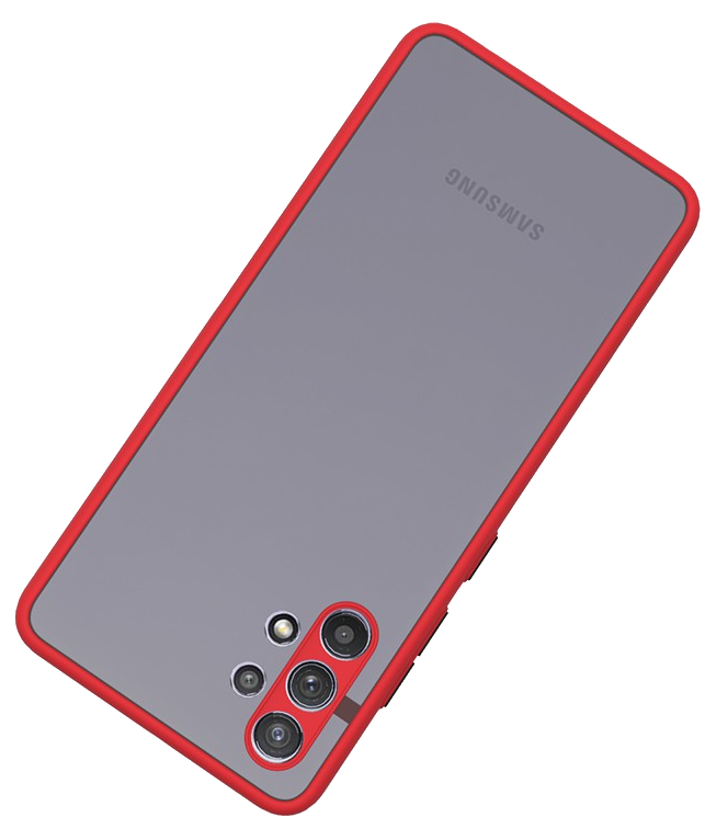 Samsung telefon hátulja piros védőtokban.