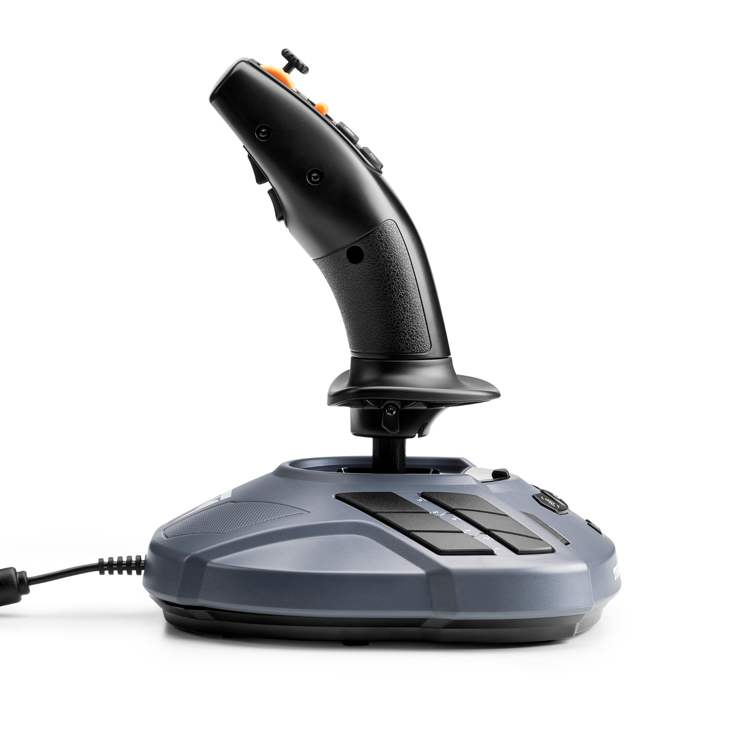 Black and gray joystick, angled up, with buttons and a base. White background.