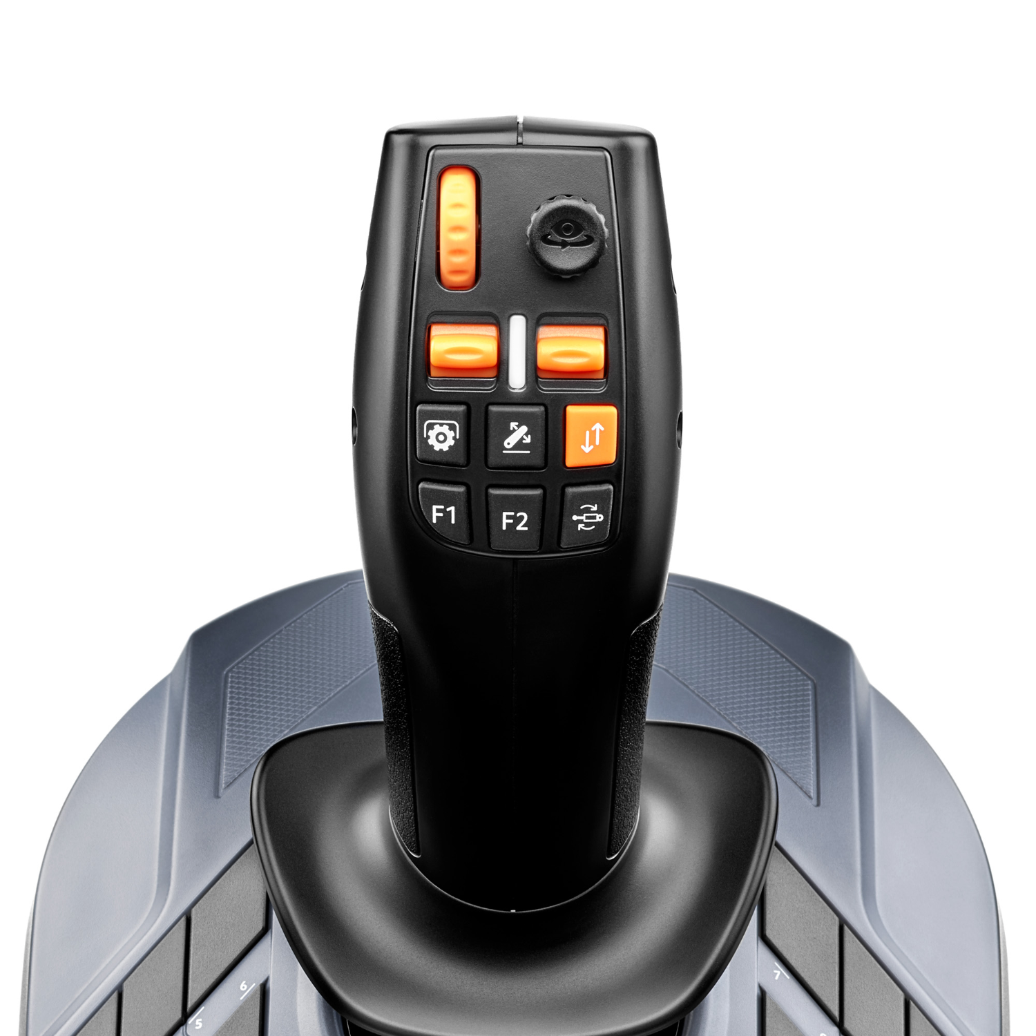 Joystick controller with orange buttons and a gray base. Black handle.