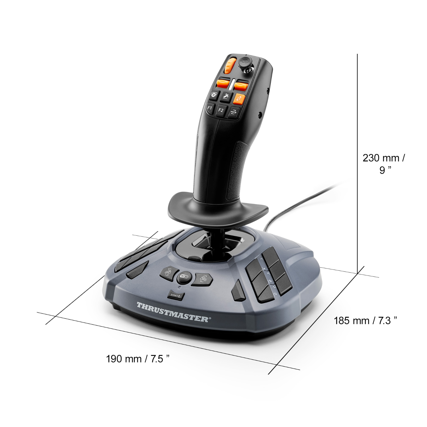 A joystick with buttons and dimensions in millimeters and inches.