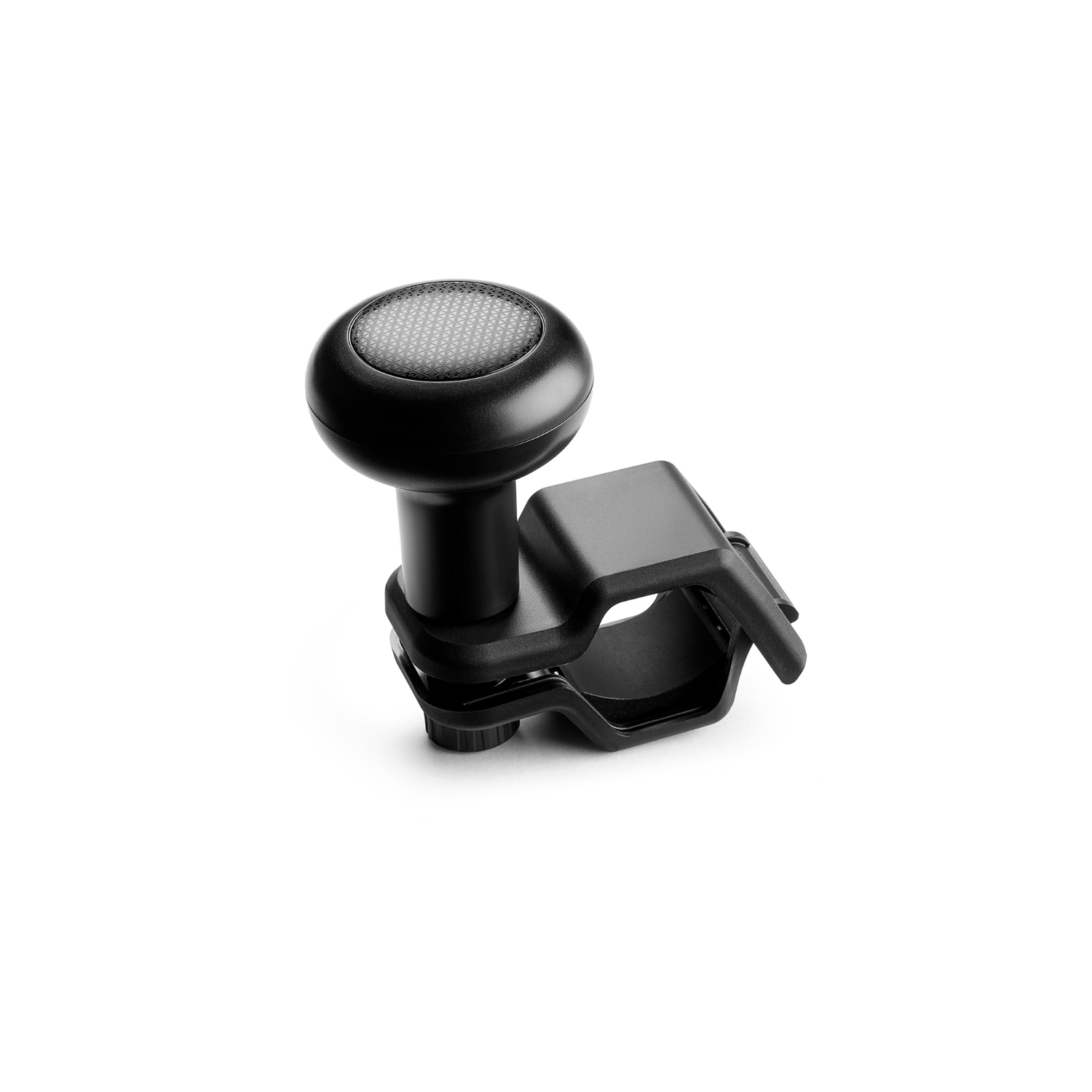 Zwarte stuurknop voor een auto, gemonteerd op een zwarte klem, op een witte achtergrond.