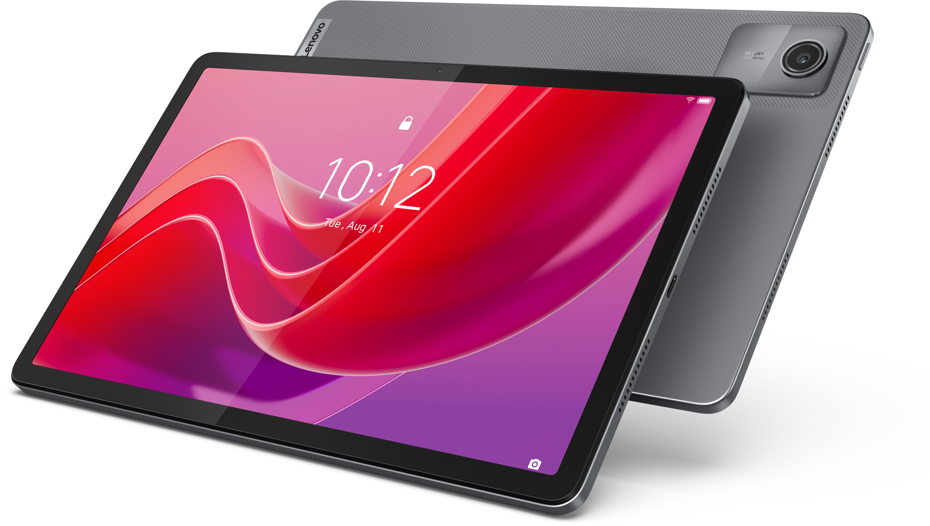 Ein graues Tablet mit roter und violetter Anzeige, schräge Ansicht. Der Hintergrund ist schwarz.