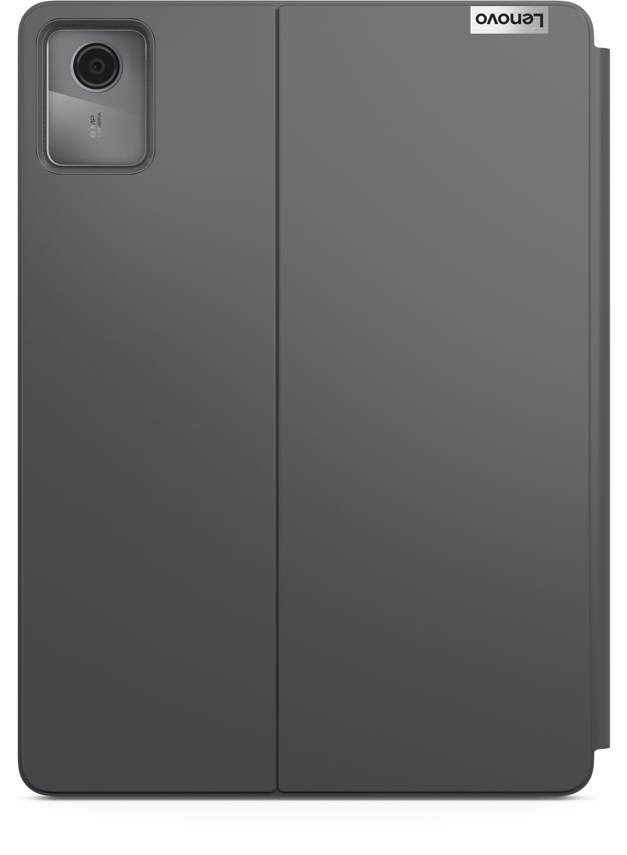 Eine geschlossene Lenovo-Tablet-Hülle in Grau, mit Kameraobjektiv und Lenovo-Logo, vor schwarzem Hintergrund.