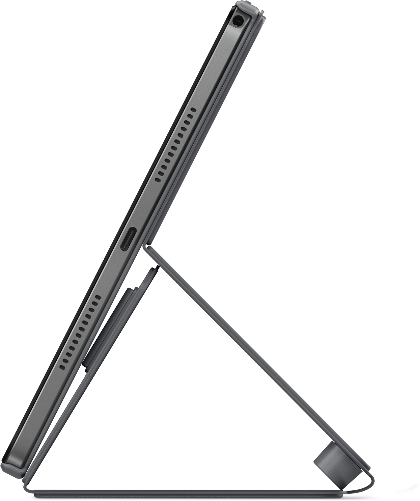 Graues Tablet in Hülle, von Ständer abgestützt und seitlich angewinkelt.
