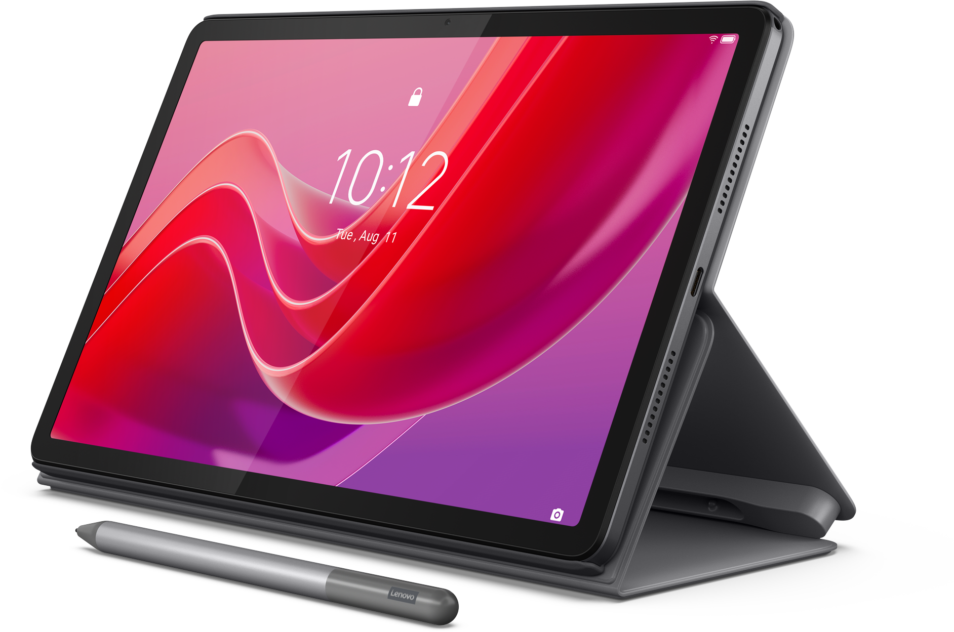 Ein Tablet mit rotem und lila Hintergrund, mit einem Lenovo-Stift und einem Ständer, liegt auf schwarzem Untergrund.