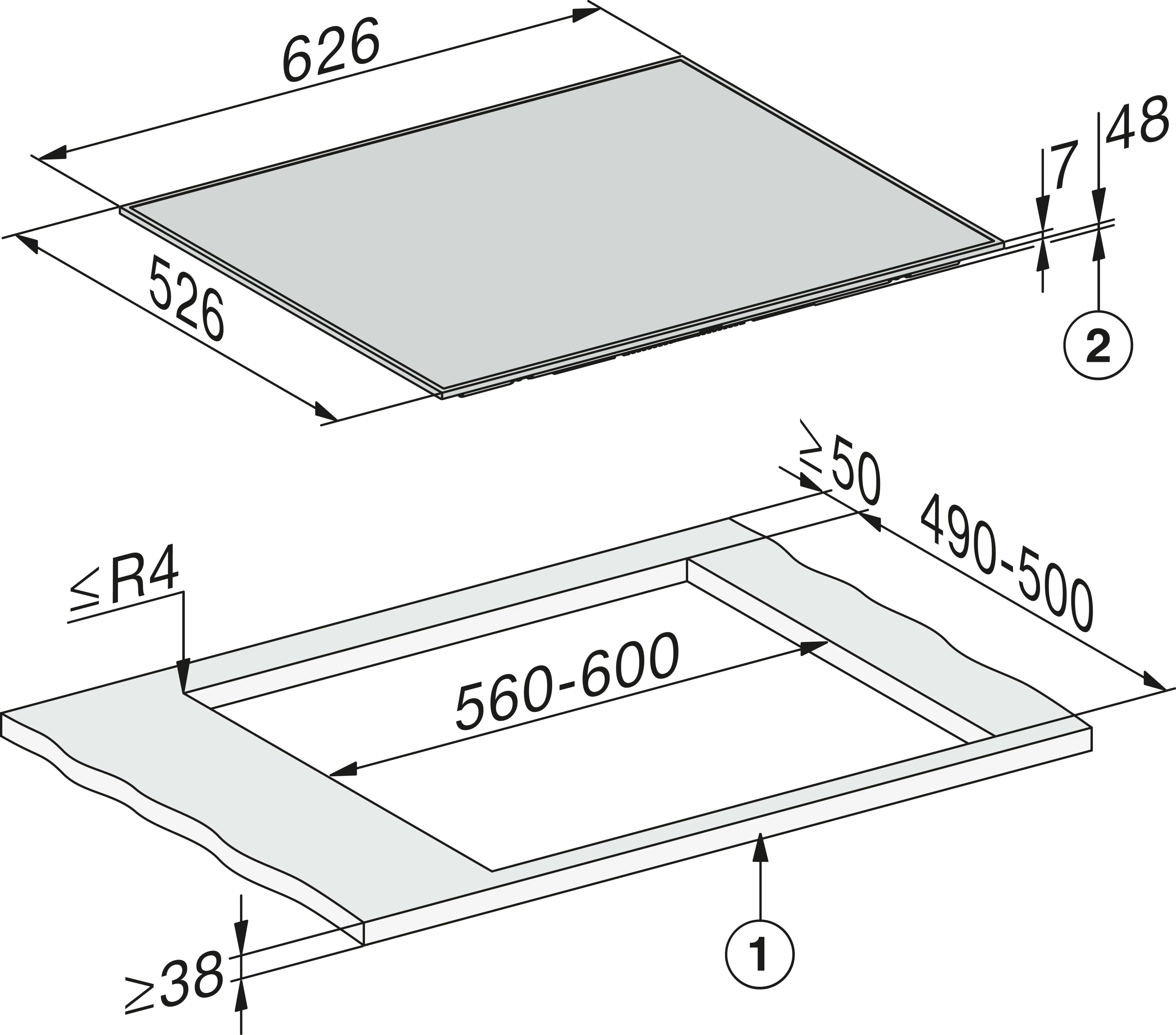 Diagramm eines Induktionskochfelds mit Abmessungen und einem Ausschnitt für die Installation. Grau- und Weißtöne.