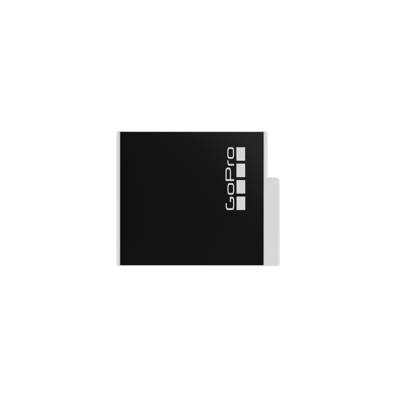 Black GoPro battery with the GoPro logo on a black background. White border on the left side.