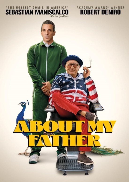 Affiche du film About My Father. Deux hommes debout, un fumant une cigarette. Paon au premier plan.