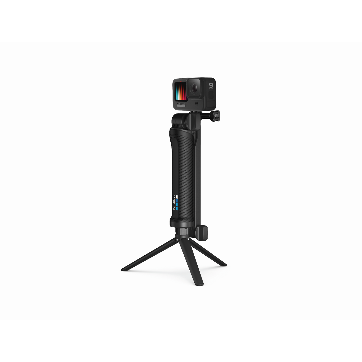 GoPro camera on a tripod, black handle, white background.