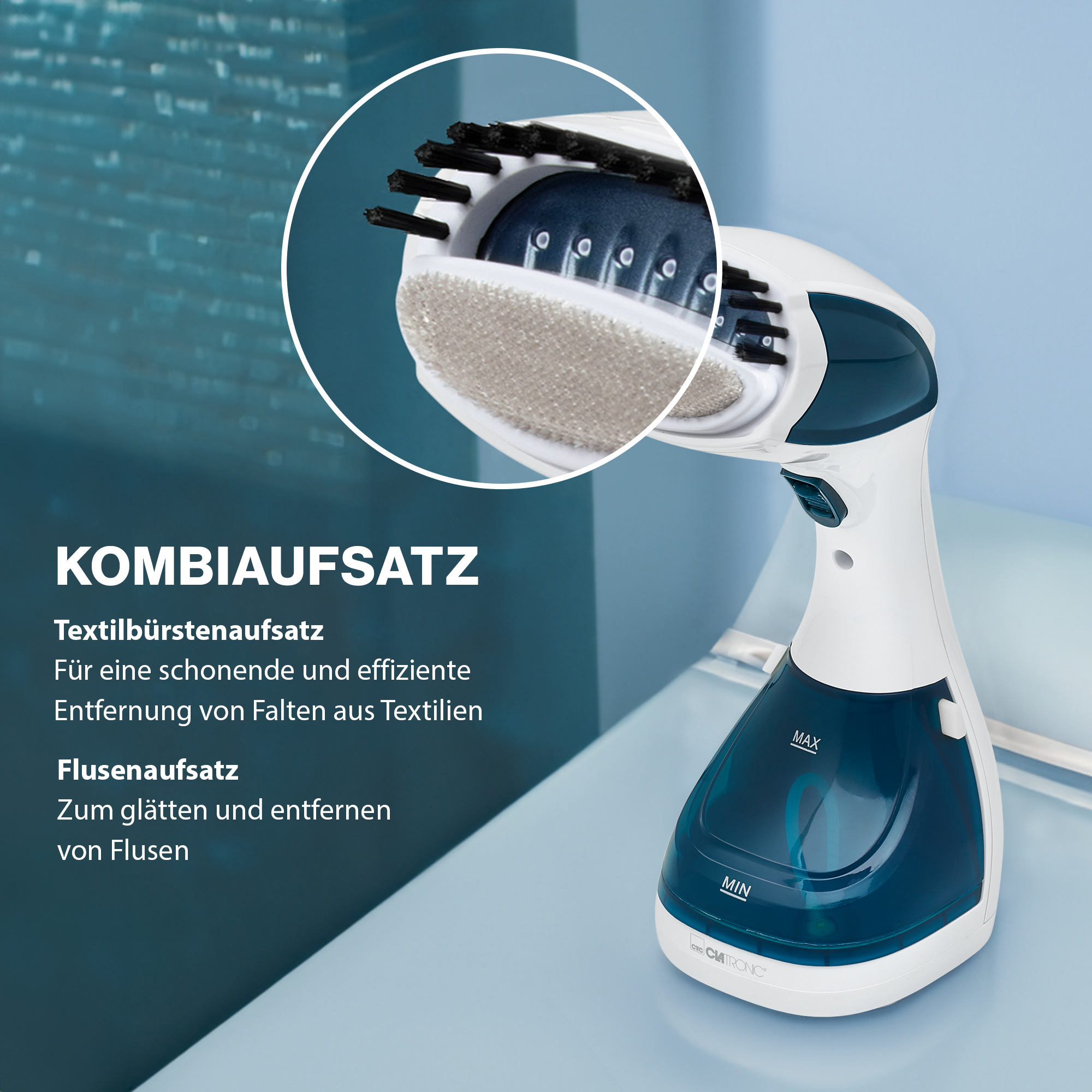 Weißer und blauer Dampfgarer, mit Text über seine Funktionen.