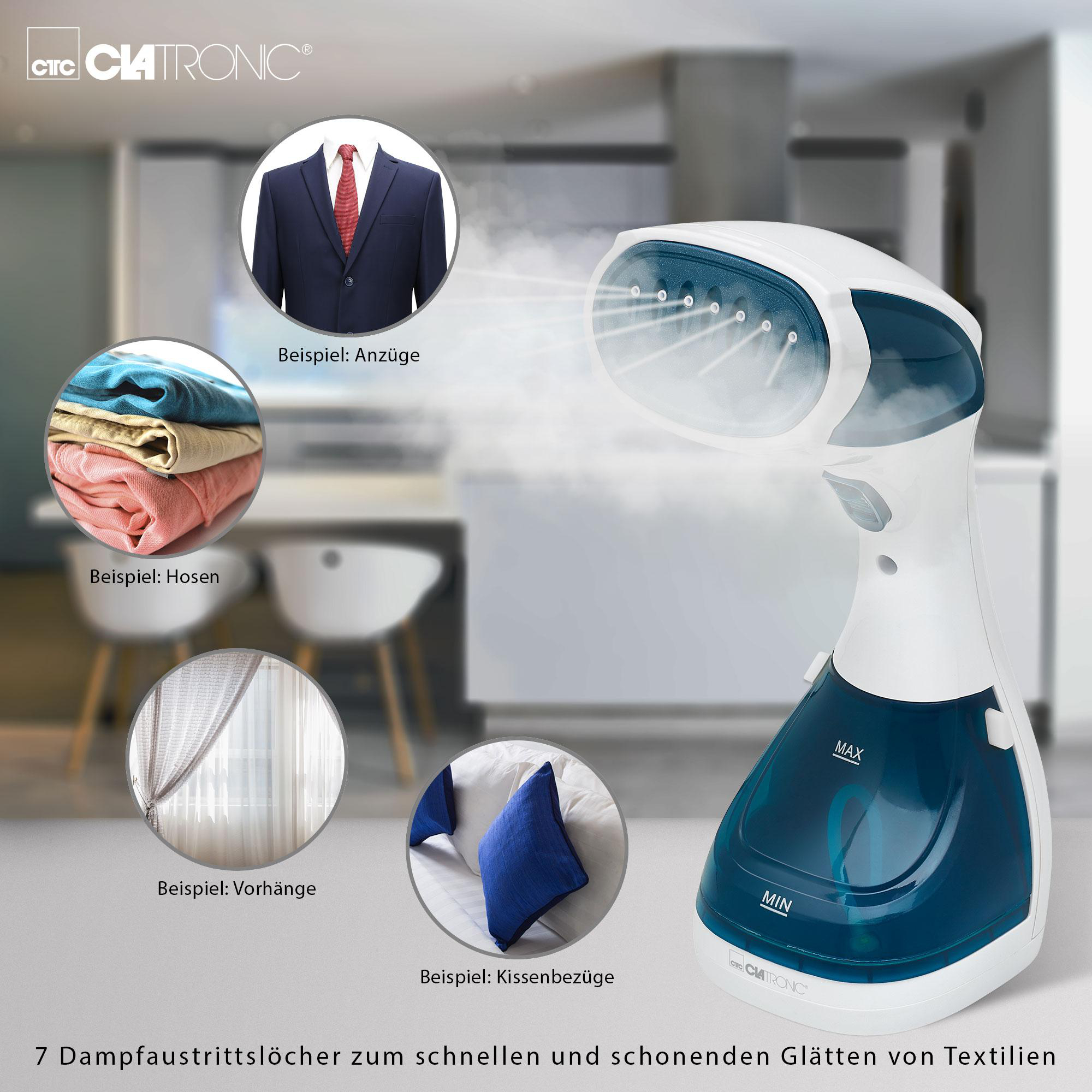 Ein weiß-blauer Handdampfer mit Beispielen für Kleidungsstücke, die er dämpfen kann.