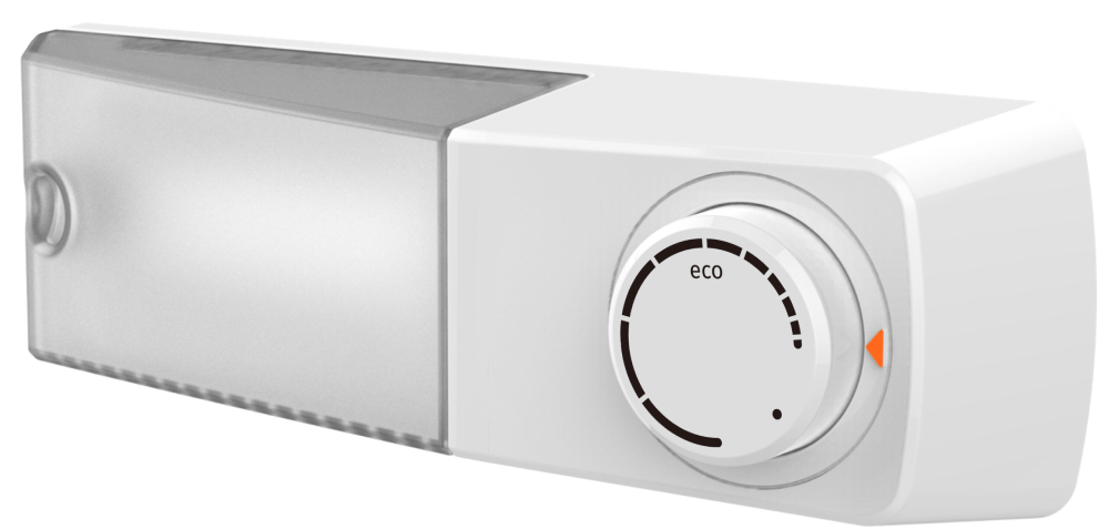 Un dispositivo blanco con un dial etiquetado 'eco'.