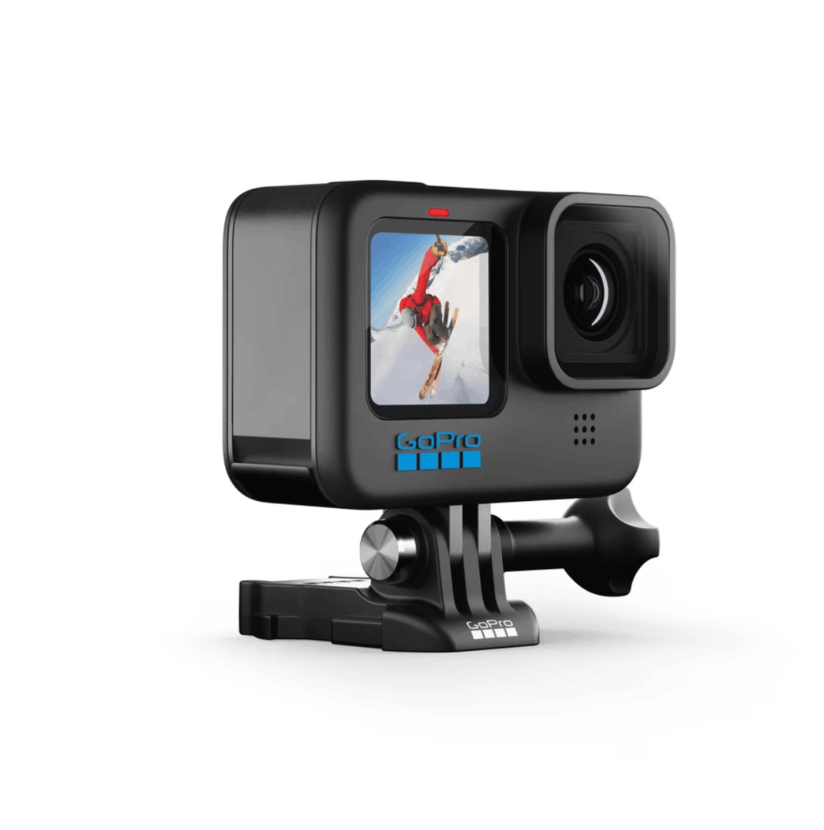 Cámara GoPro negra. Vista frontal muestra a persona esquiando, con pantalla y botones visibles.
