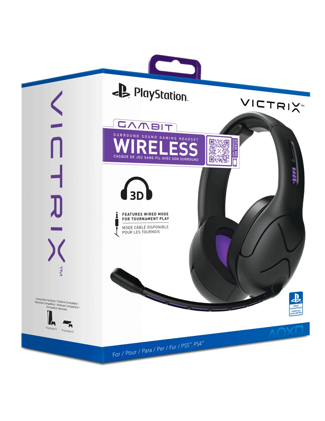 Auriculares para juegos negros y morados en una caja. La caja tiene los logotipos de Victrix y PlayStation, y una imagen de auriculares.