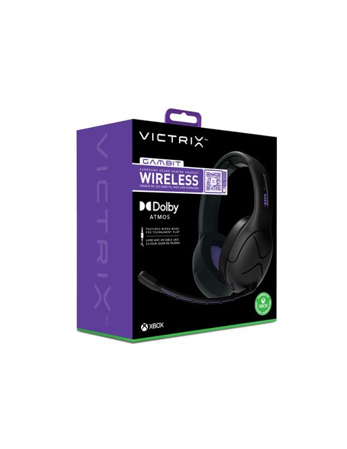 Caja de auriculares gaming inalámbricos Victrix Gambit. Auriculares negros visibles. Dolby Atmos y logo Xbox mostrados.