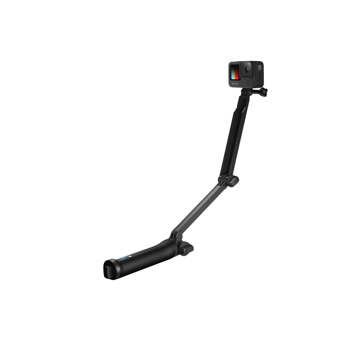 GoPro camera bevestigd aan een zwarte verlengstok met een handvat. Zwarte achtergrond.