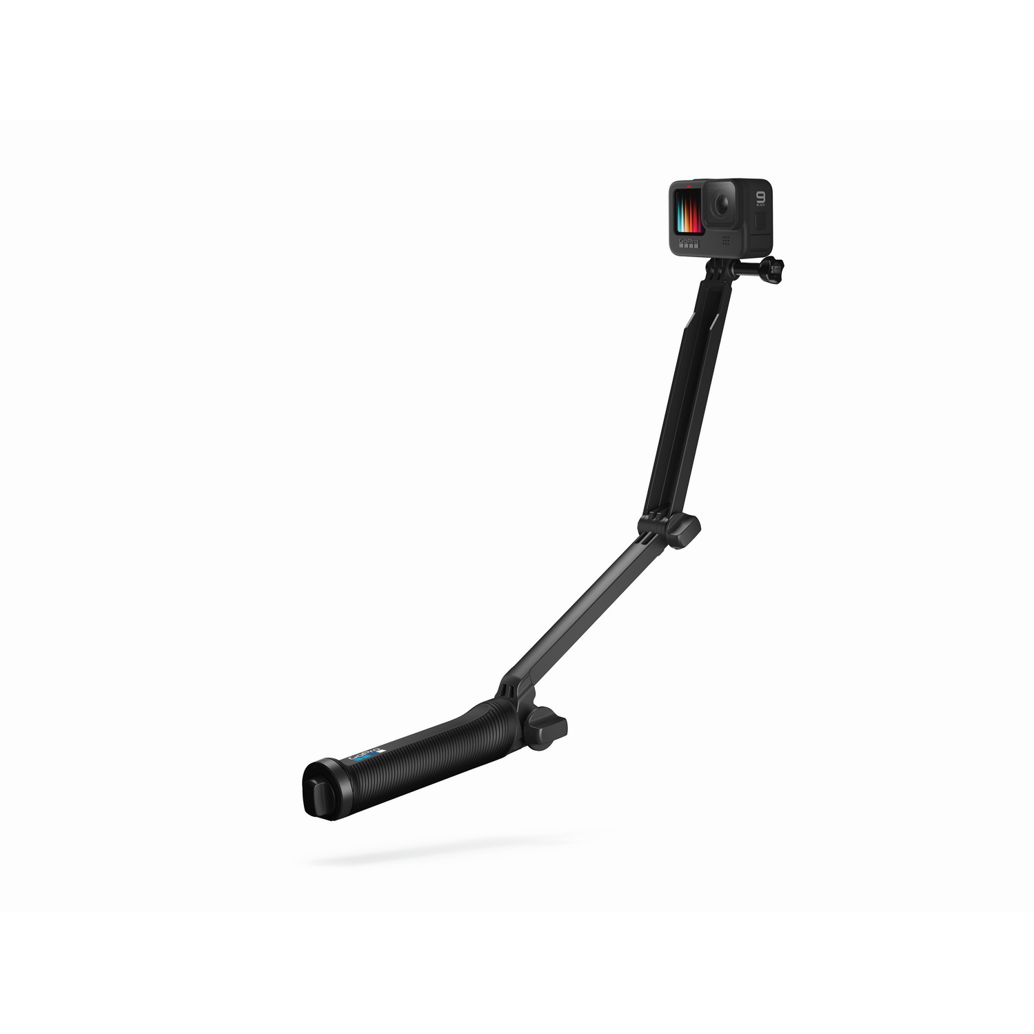 Zwarte GoPro-camera op een zwarte uitgeschoven stok. Witte achtergrond.