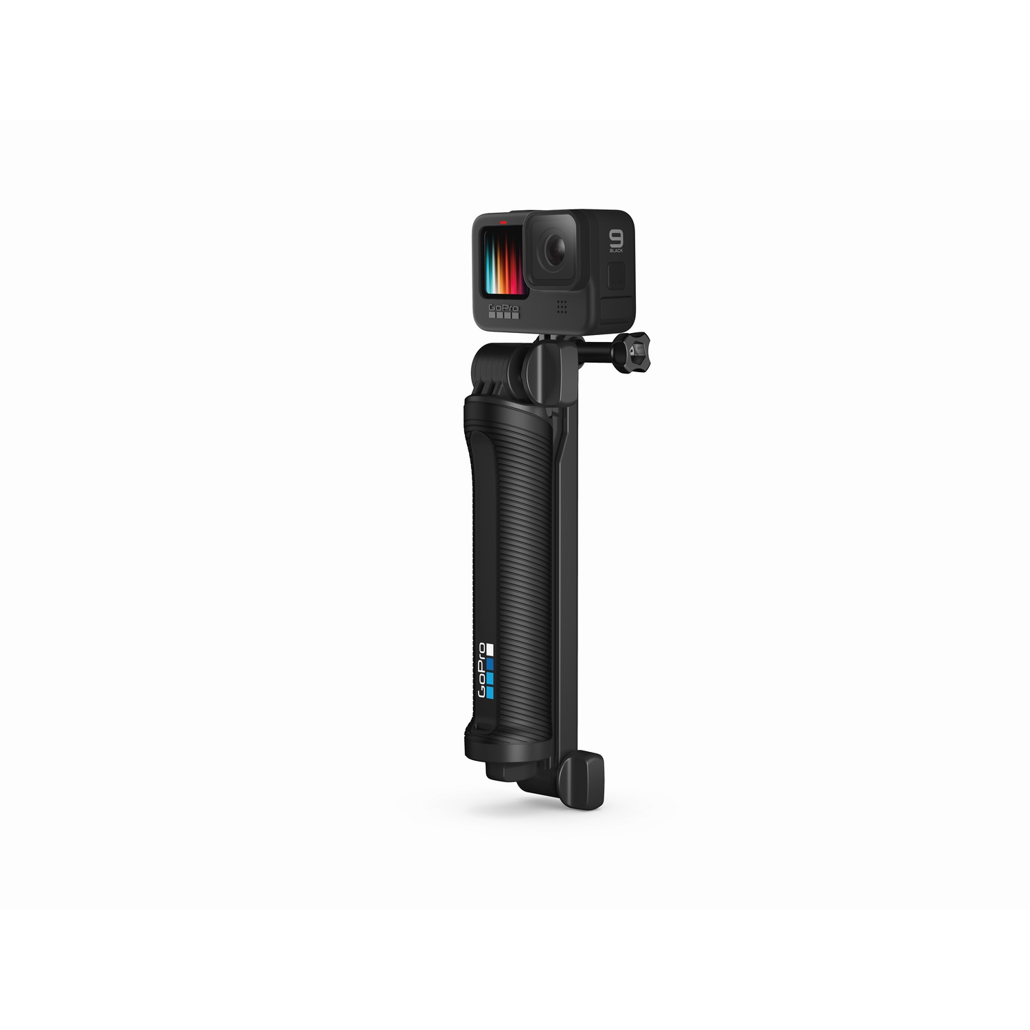 Zwarte GoPro-camera op een zwarte handgreep met een statiefbasis.