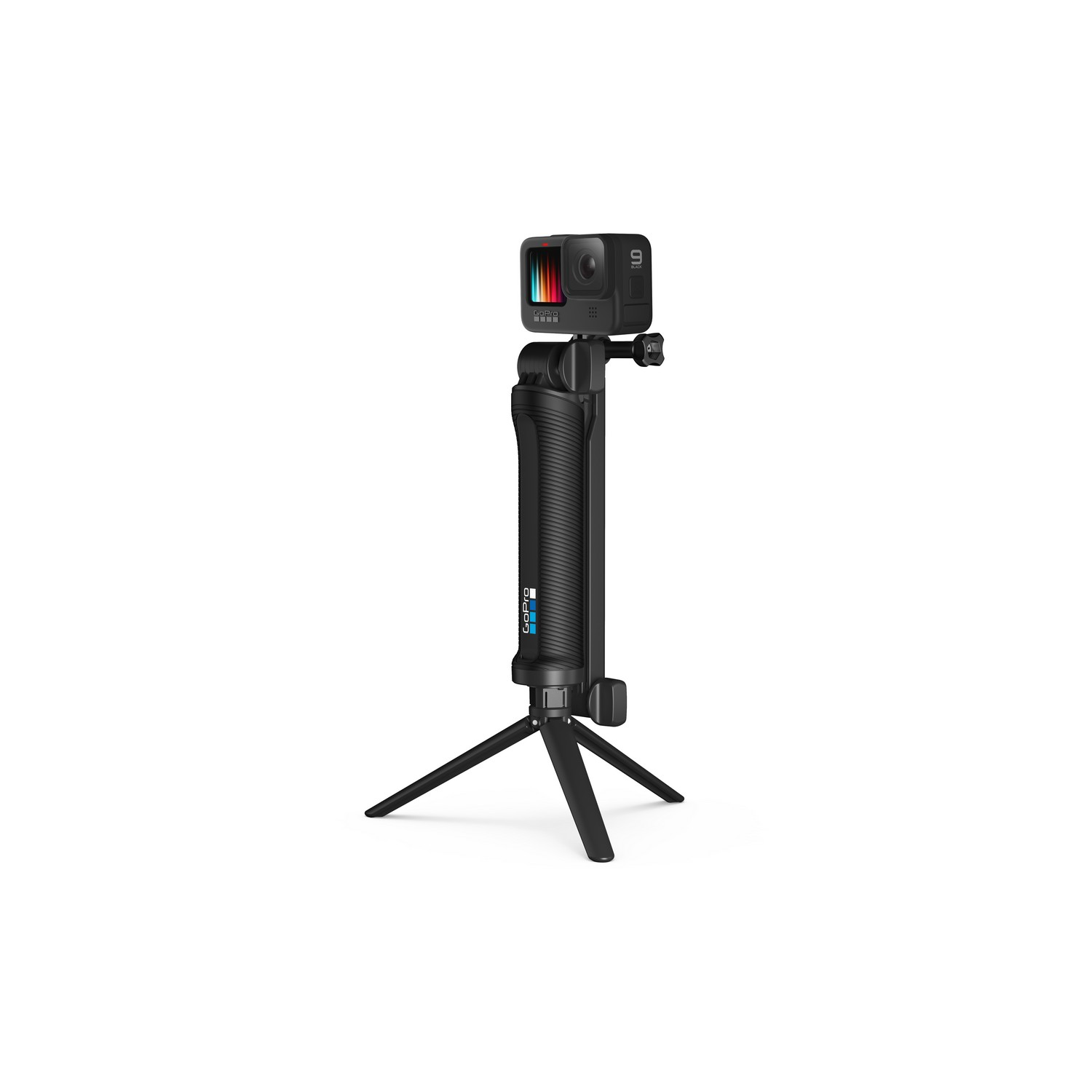 GoPro camera op een statief. Zwarte camera en handvat, zwart statief. Witte achtergrond.