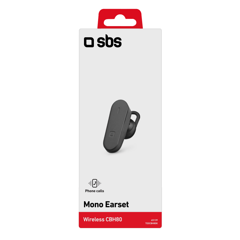 Verpackung für ein schwarzes drahtloses SBS-Ohrhörer, mit Bild des Ohrhörers und Text 'Mono Earset'.