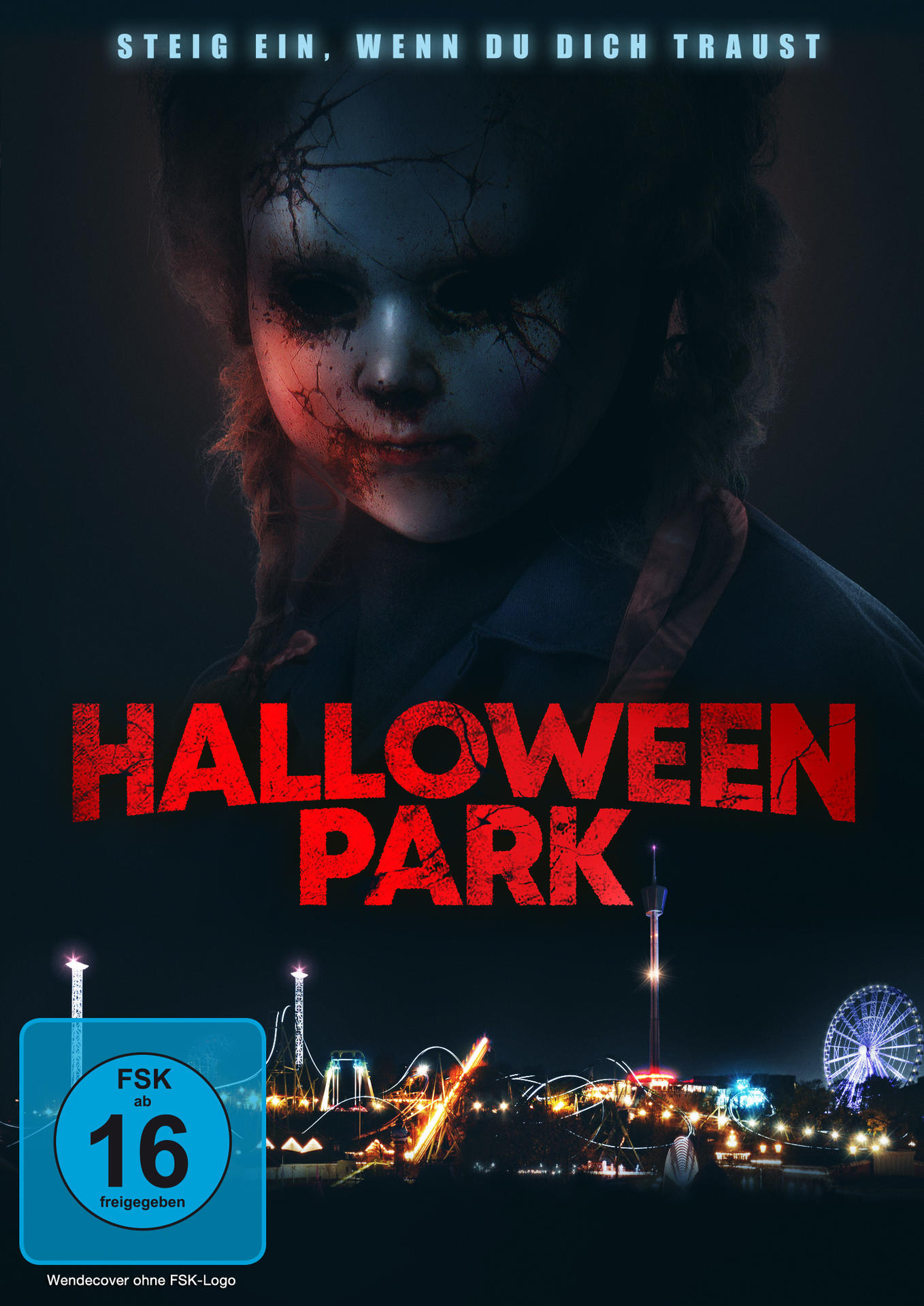 Filmplakat mit einem gruseligen Puppengesicht und dem Titel Halloween Park vor einer Nachtszene.