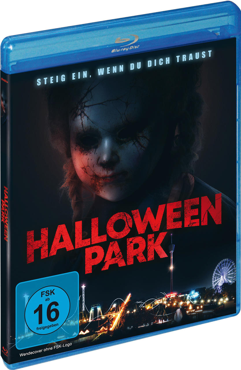 Blu-ray-Disc-Cover des Films „Halloween Park“. Bild eines Puppengesichts, dunkler Hintergrund, gruseliges Thema.