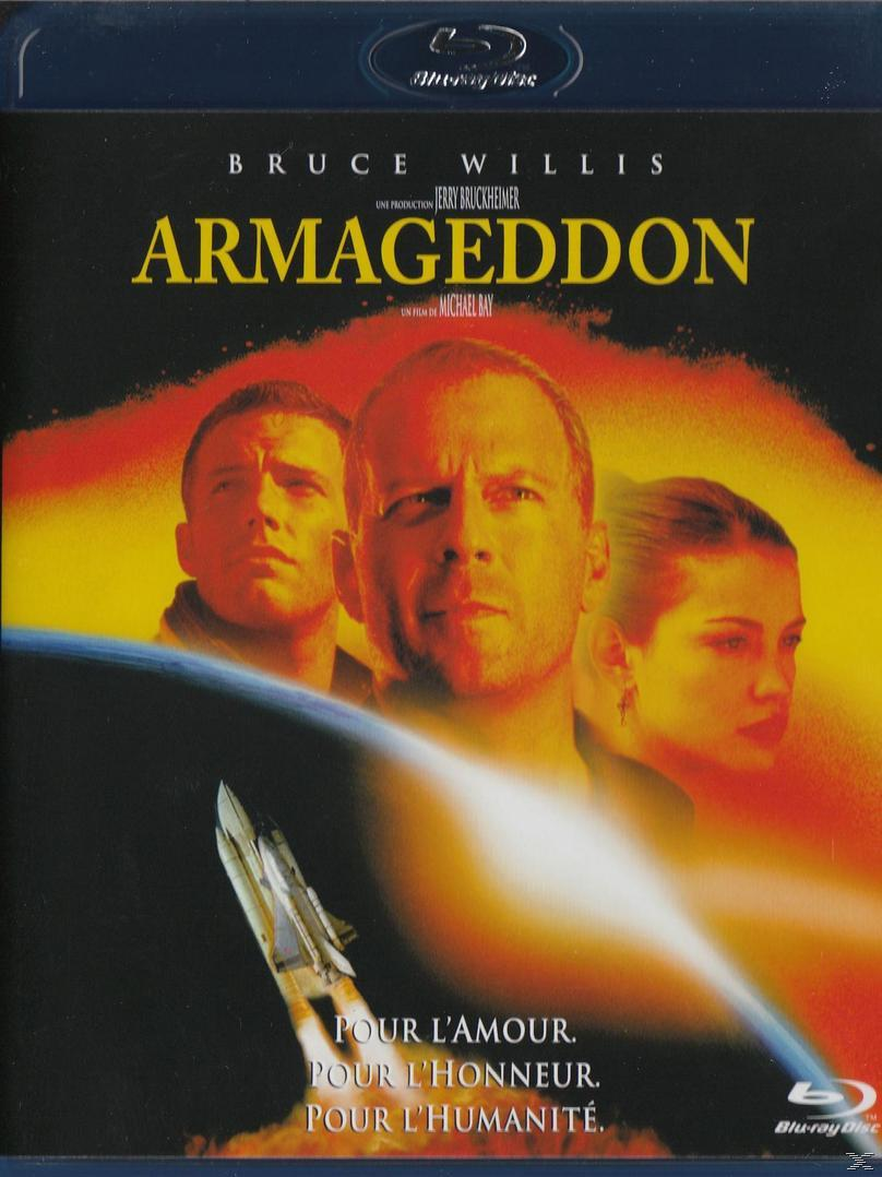 Armageddon filmposter met Bruce Willis, Ben Affleck en Liv Tyler voor vuur en een lancerende raket.