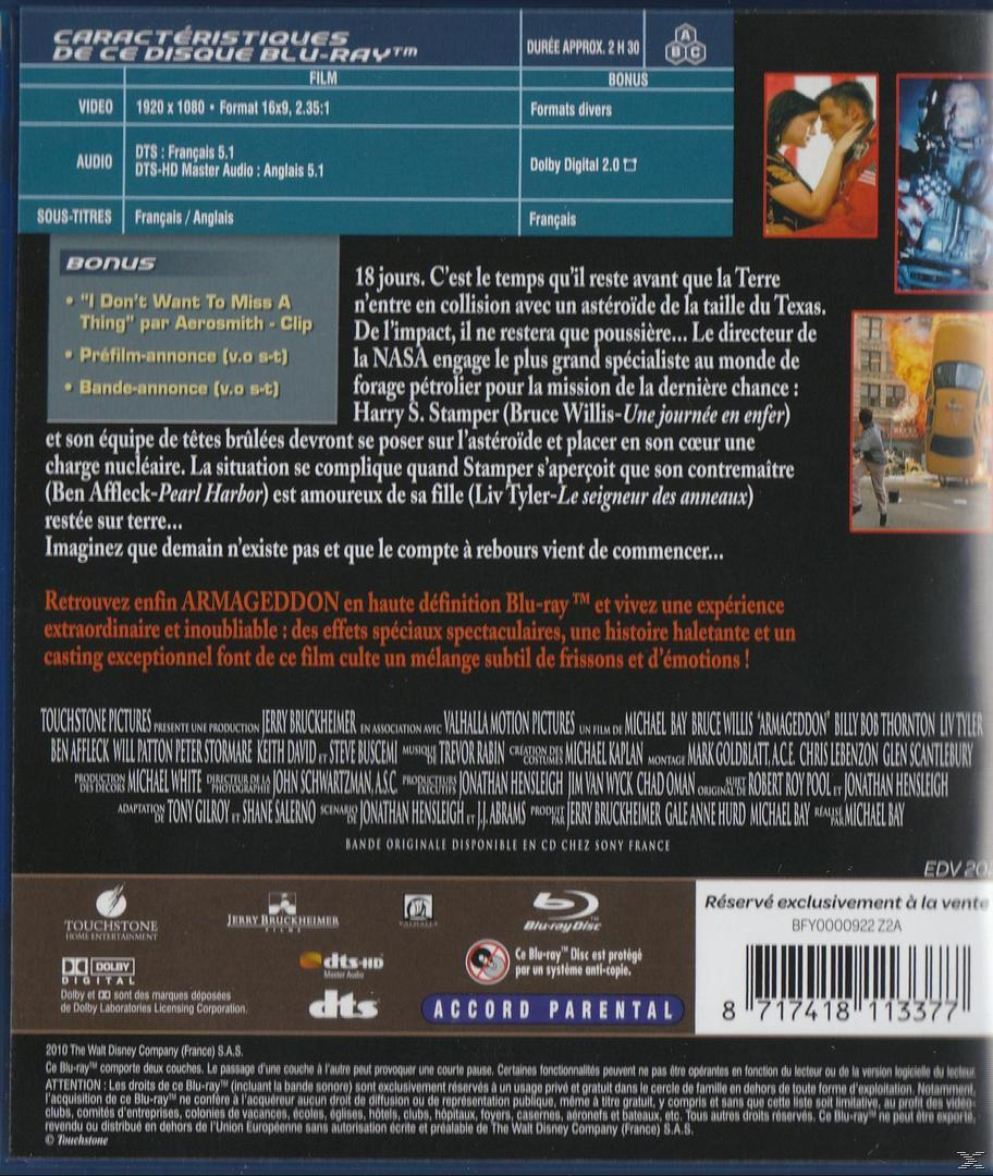 Franse Blu-ray achterkant voor de film Armageddon, met filmplot, specificaties en cast.