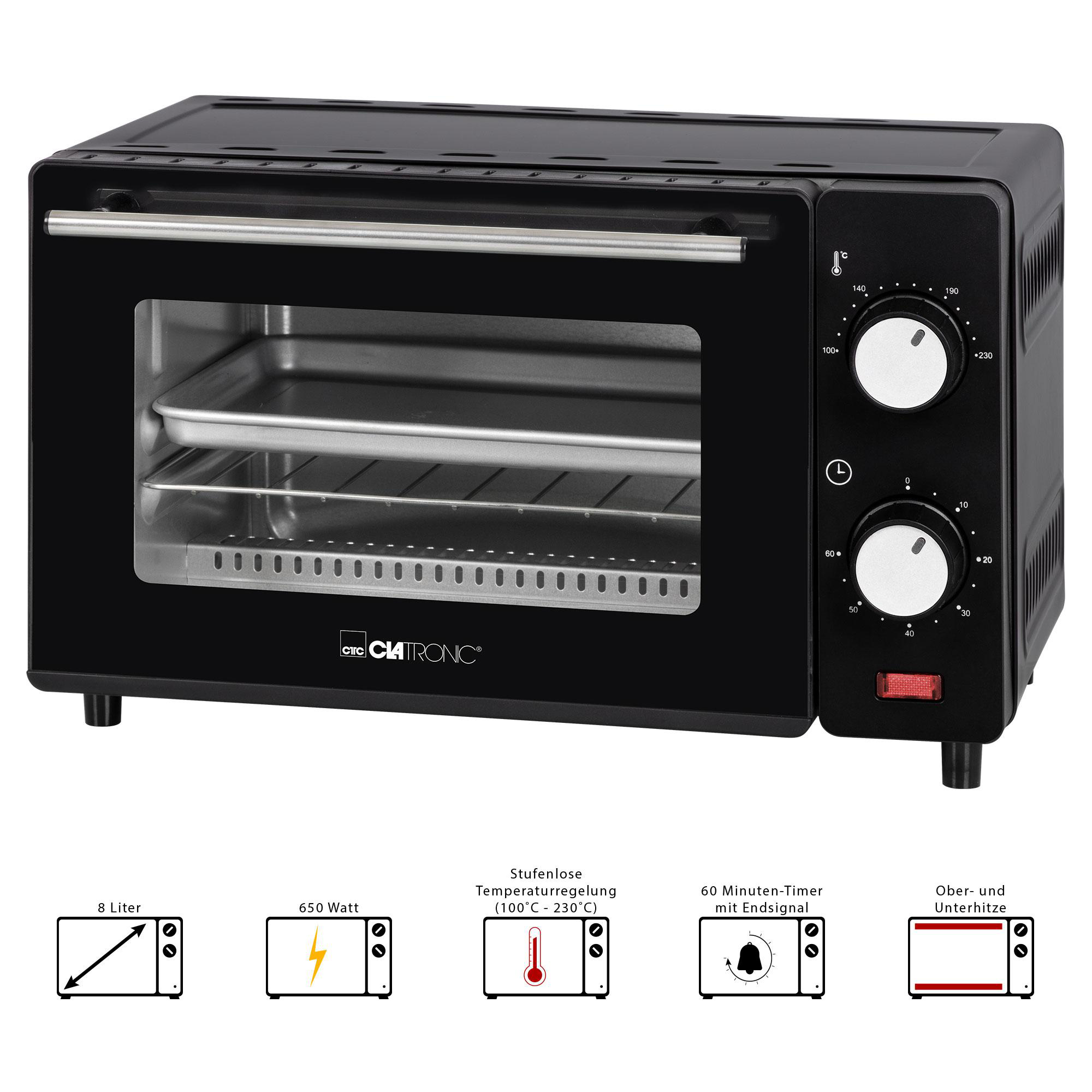 Schwarzer Mini-Backofen mit Bedienknöpfen, Glastür mit Blech und Rosten, darunter Icons.