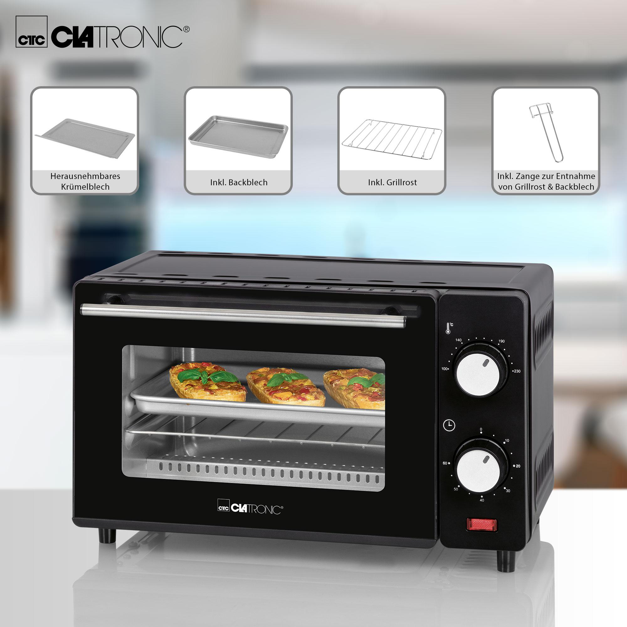 Schwarzer Mini-Ofen mit Essen, vier Icons oben, Drehregler für Temperatur und Zeit.