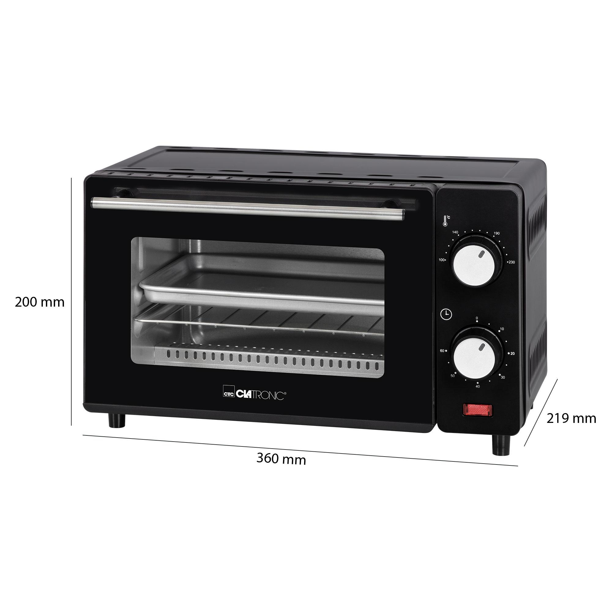 Schwarzer Mini-Backofen mit Abmessungen und Knöpfen.