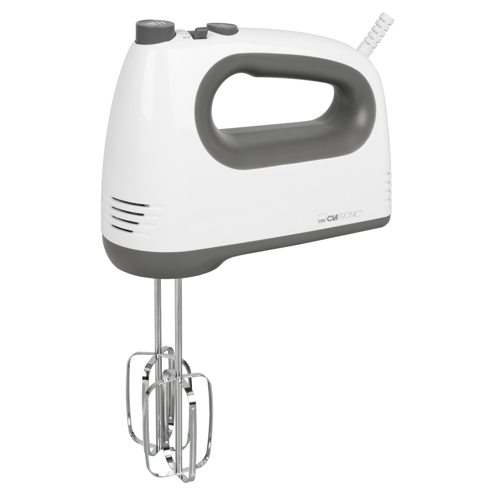 Weißer und grauer Handmixer, mit schwarzem Hintergrund. Der Mixer ist schräg positioniert.