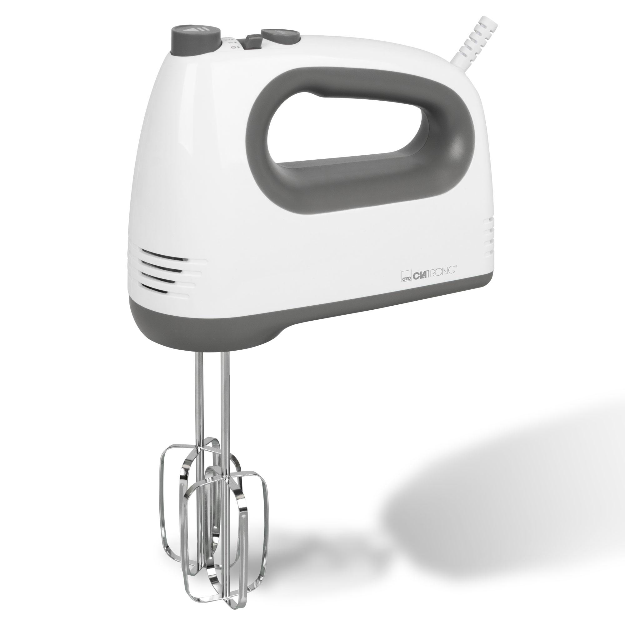 Weißer und grauer Handmixer mit Rührbesen. Es hat einen grauen Griff und einen weißen Körper.