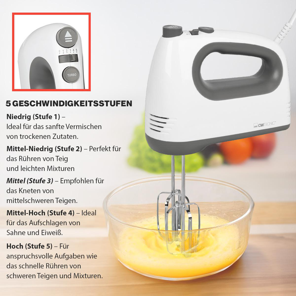 Ein elektrischer Mixer mit einer Schüssel mit Eigelben. Text beschreibt fünf Geschwindigkeitseinstellungen.
