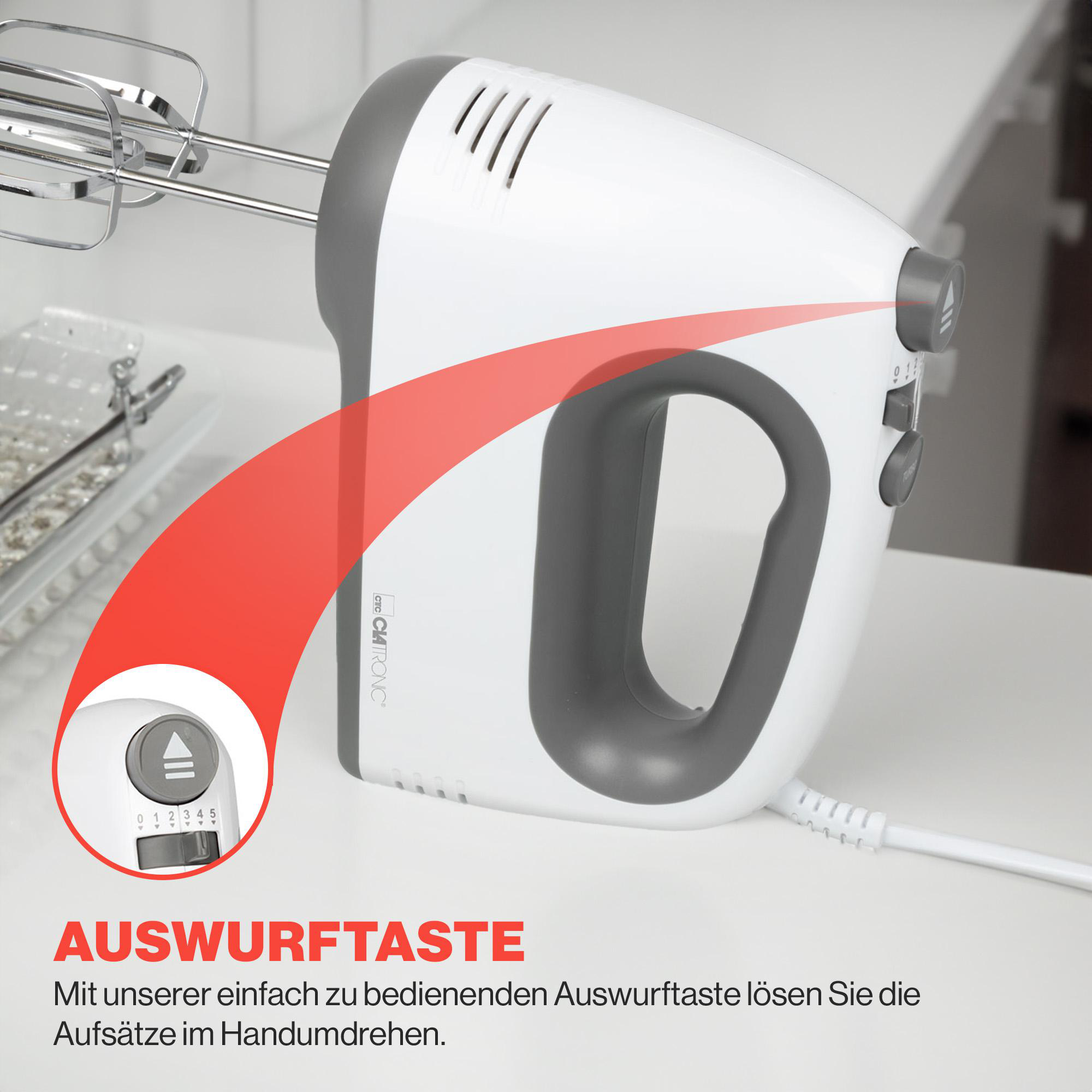 Weißer und grauer Handmixer mit Text.