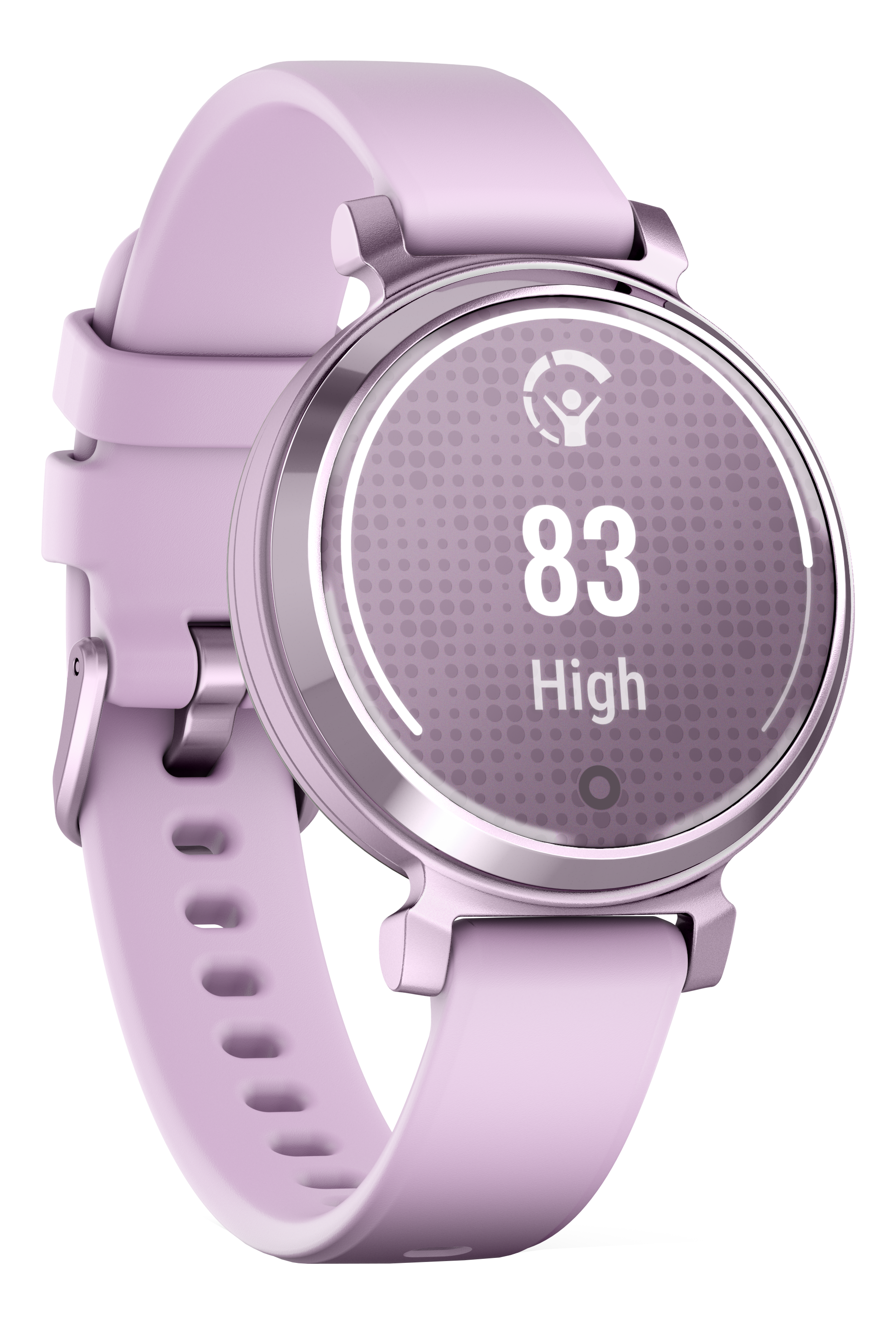 Smartwatch rose affichant 83 et 'High'. La montre est sur fond noir.