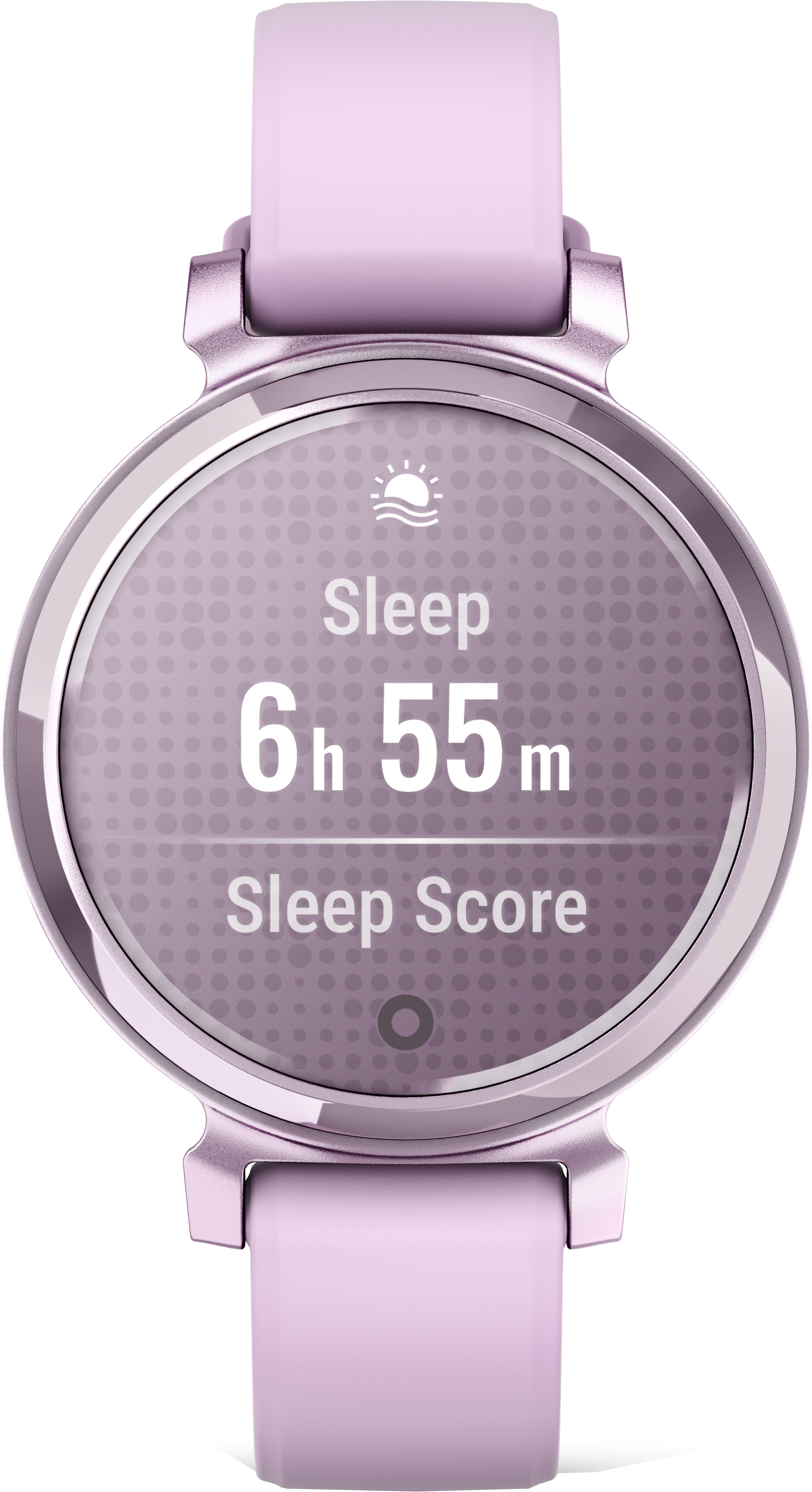 Gros plan sur une montre connectée affichant l'heure actuelle et le score de sommeil avec un fond violet.
