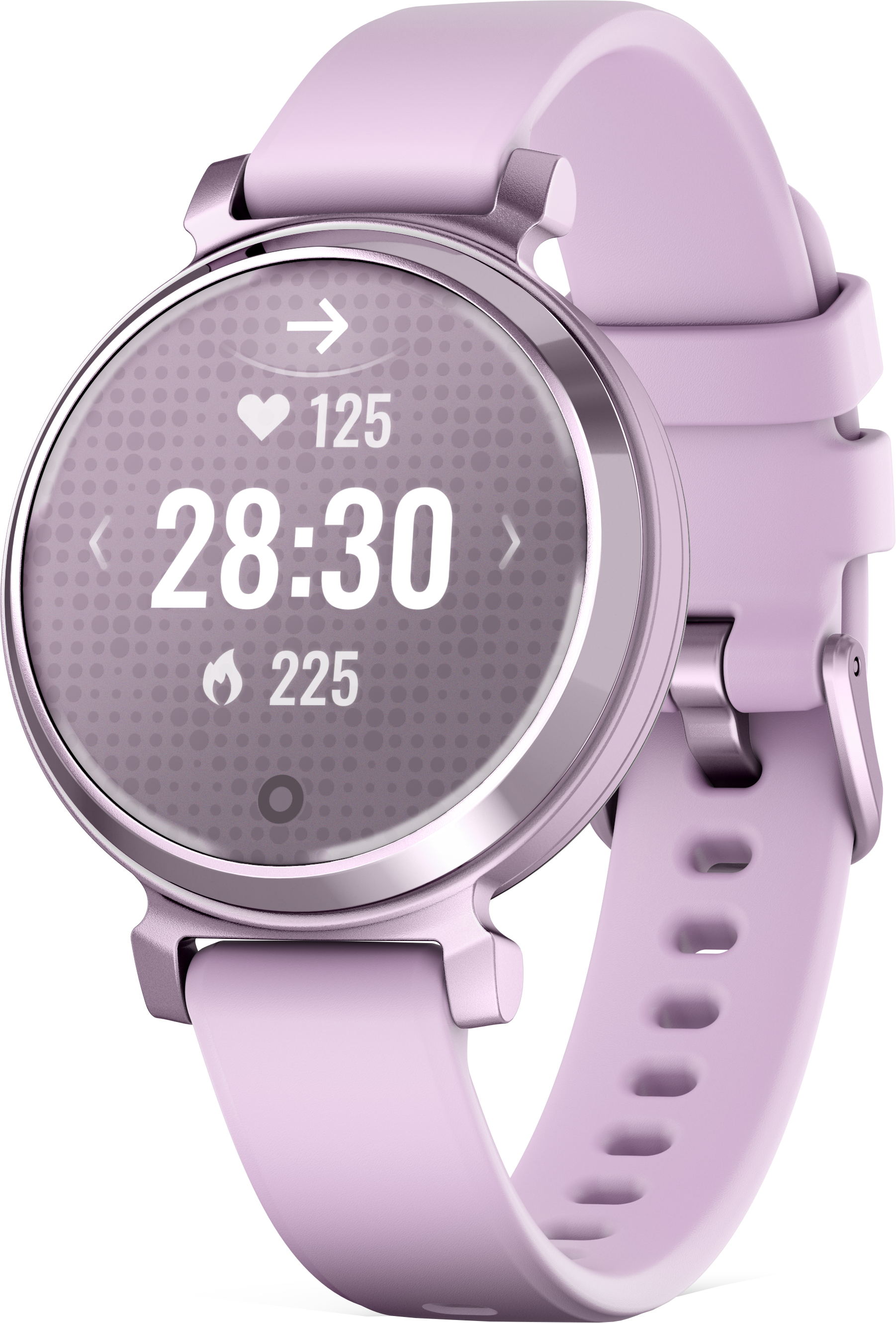 Une smartwatch rose avec un bracelet lilas, affichant l'heure et la fréquence cardiaque.