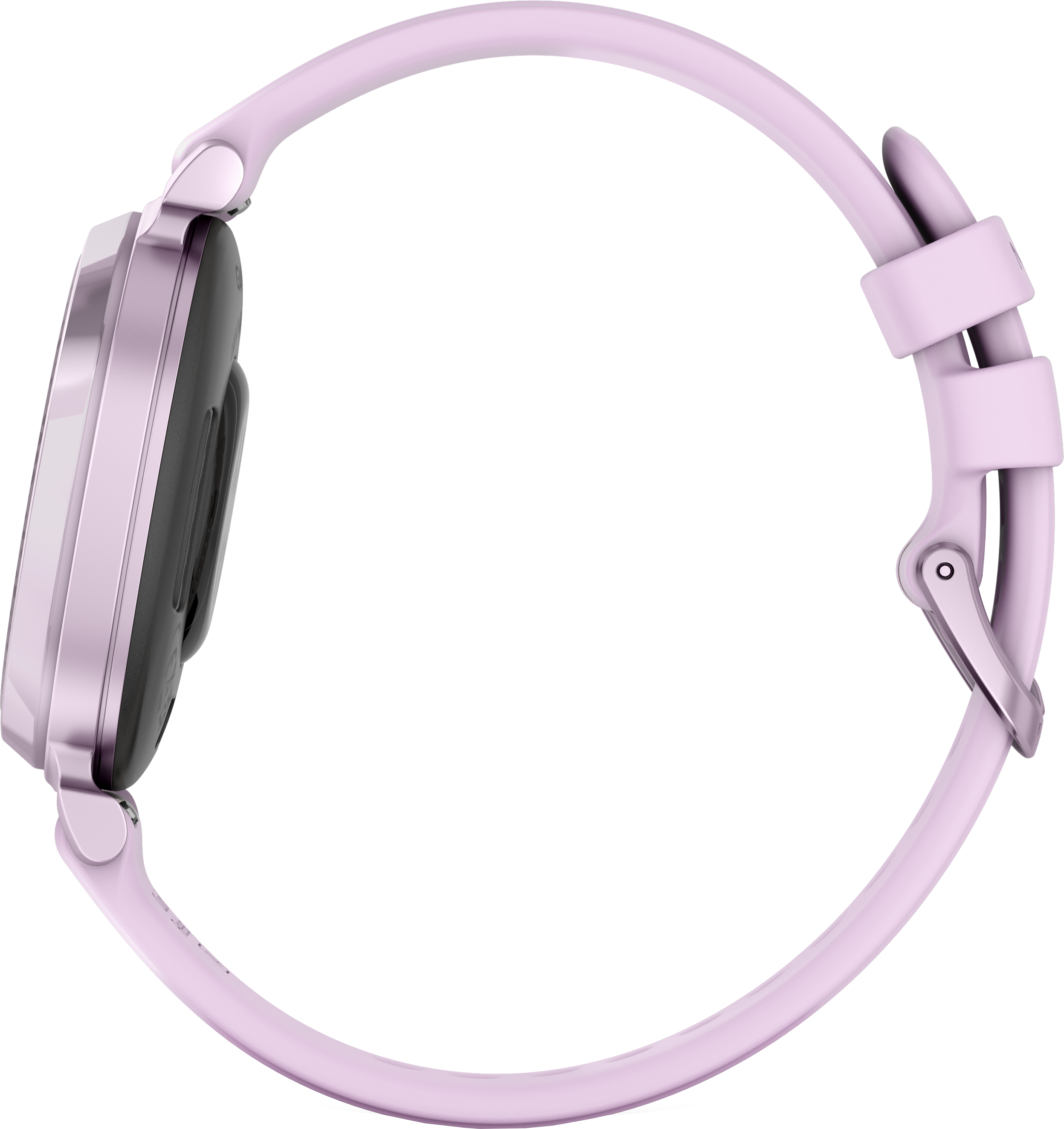 Montre connectée de côté, bracelet et cadran roses. Fond noir.