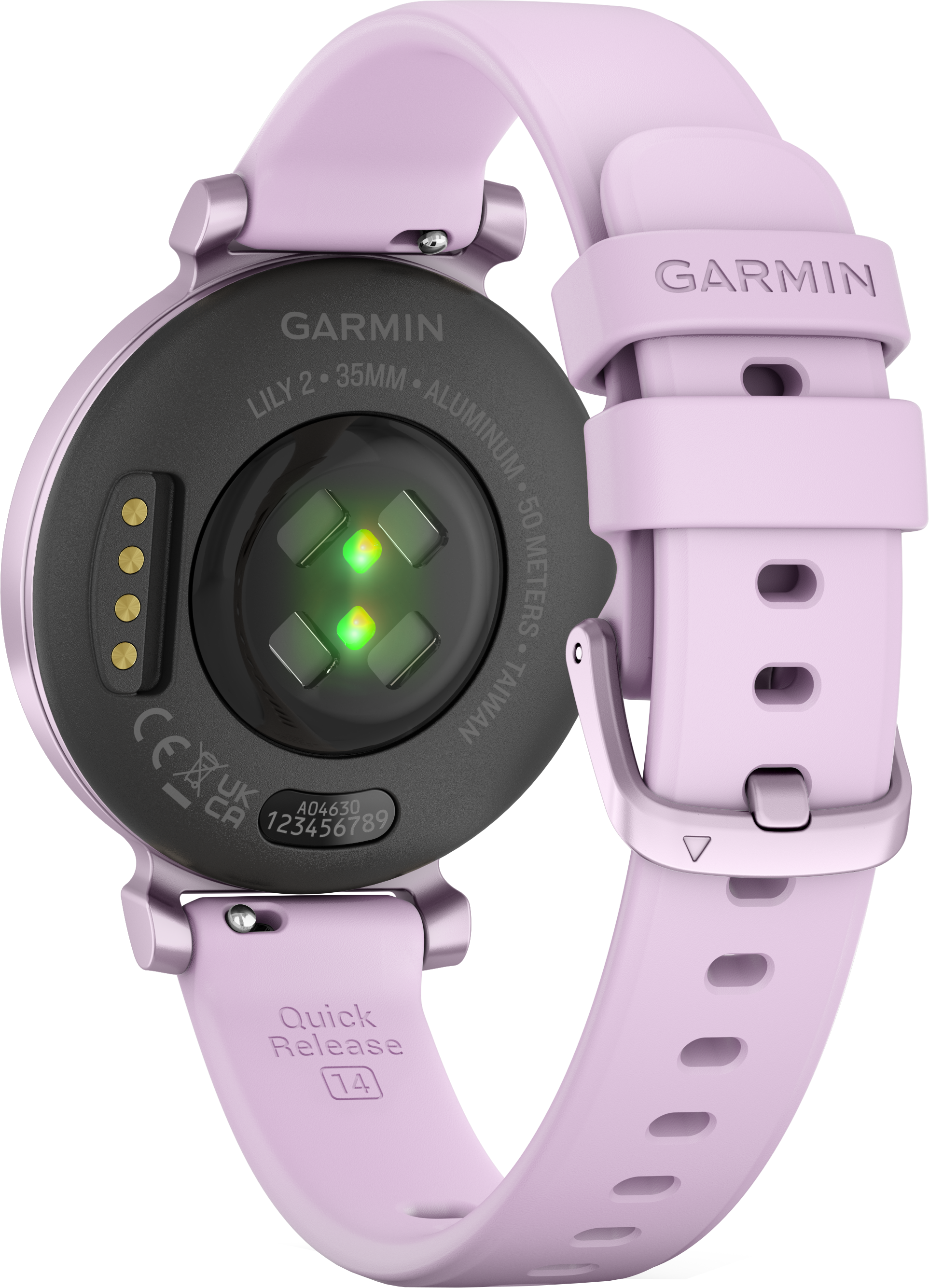 Smartwatch Garmin rose. Vue arrière, montrant les capteurs et le bracelet.