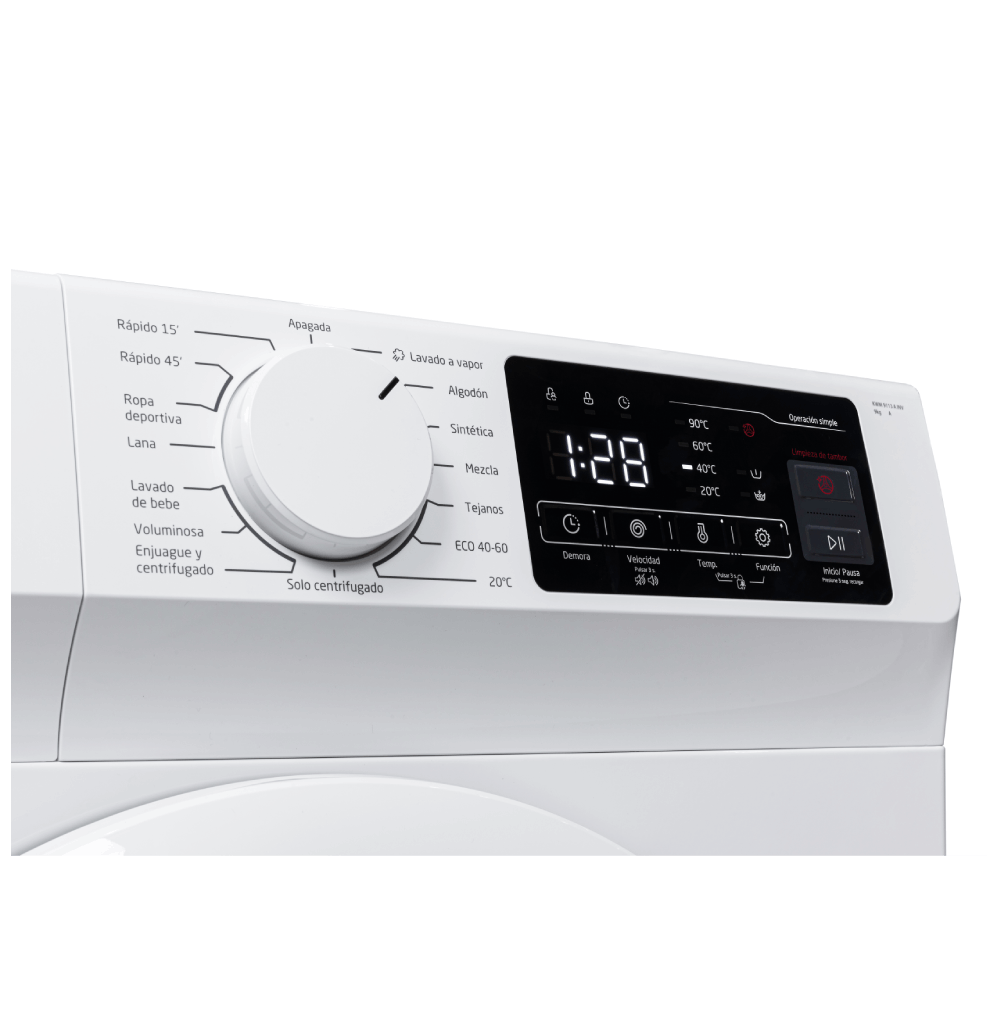 Panel de control de lavadora. Incluye botones, dial y una pantalla que muestra la hora y la configuración.